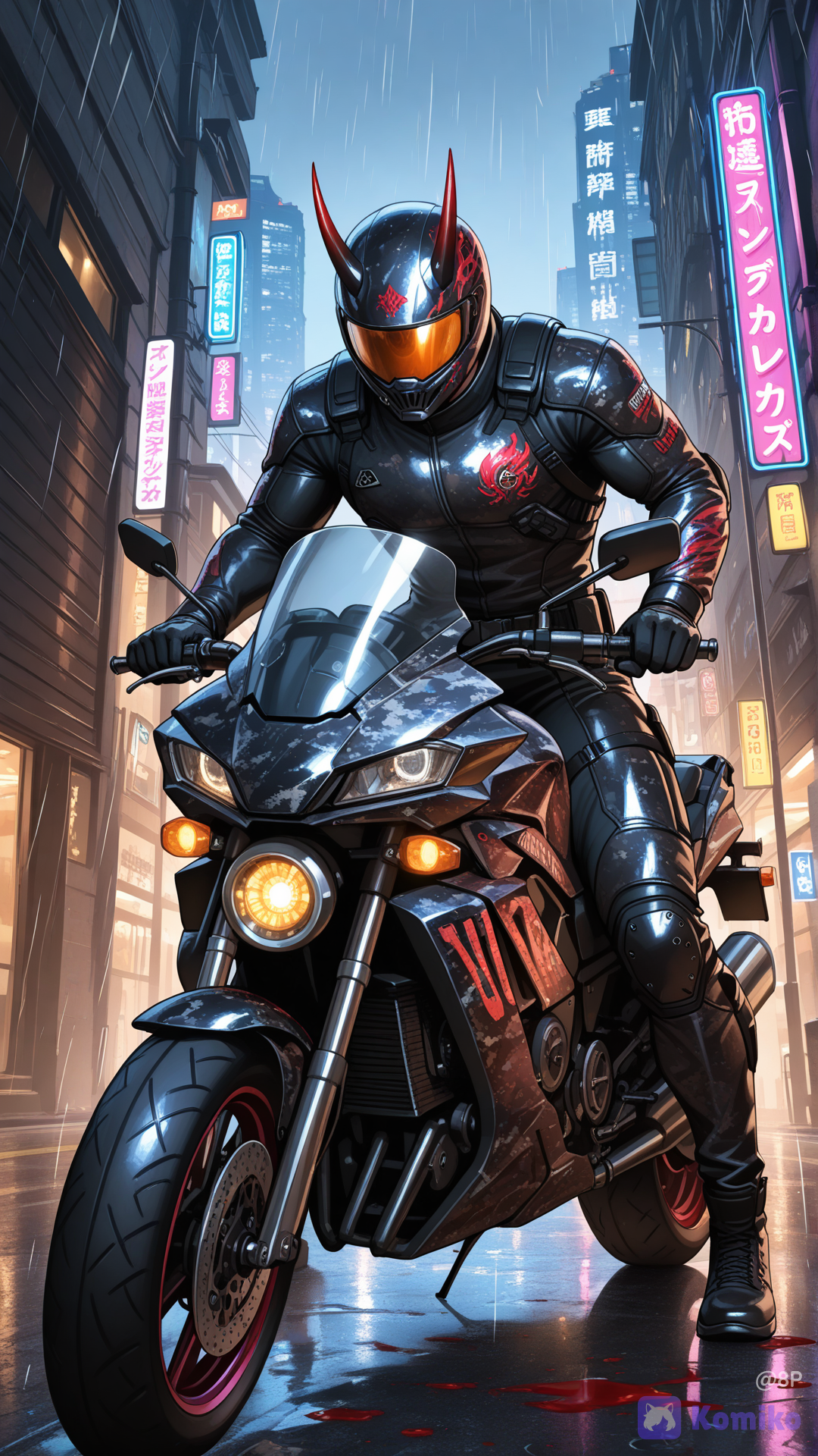 Musashi's Bike: "The Oni Crusher" Style: Bulkyarmoredpainted in gloss black with blood-red flame decals. The exhaust pipes look like fangs. Features: Front-mounted twin machine guns synchronized with the handlebars. Heavy-duty crash bars. A mounted med-kit dispenser on the side that can inject stimulants directly into the rider's suit. Camouflage: Active optical camouflage that makes the bike look like a puddle of oil or a shadow when stationary. Vibe: Intimidatingloud (when needed)unstoppable force Ultra realistic photorealisticcinematic lightingextremely ultra high resolution16K UHDFull HD qualityhyper skin texturerealistic poresultra realistic faceultra realistic eyesultra realistic hairrealistic human body proportionsnatural lightinglifelike shadowshighly facial featuressharp focuscrystal clear imagevivid colorscinematic atmosphererealistic depth of fieldrealistic reflectionsrealistic texturesprofessional photography qualityHDRno blurextremely sharp detailshighly skinrealistic eyelashesrealistic lipsrealistic hair strandsnatural expressionhighly full body portraitphoto-realistic qualitytrue-to-life appearanceultra clean image qualitypremium visual qualitystudio quality rendering. Faithful to the reference facepreserve facial identitynatural anatomyrealistic skin imperfectionsultra eyes and skinhighly realistic human texturerealistic lighting and shadowscinematic realismcompositionextremely high detailprofessional quality.