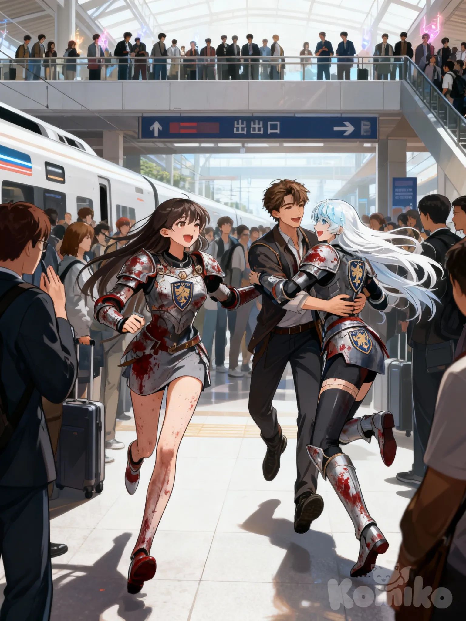 being greeted by 2 waifus