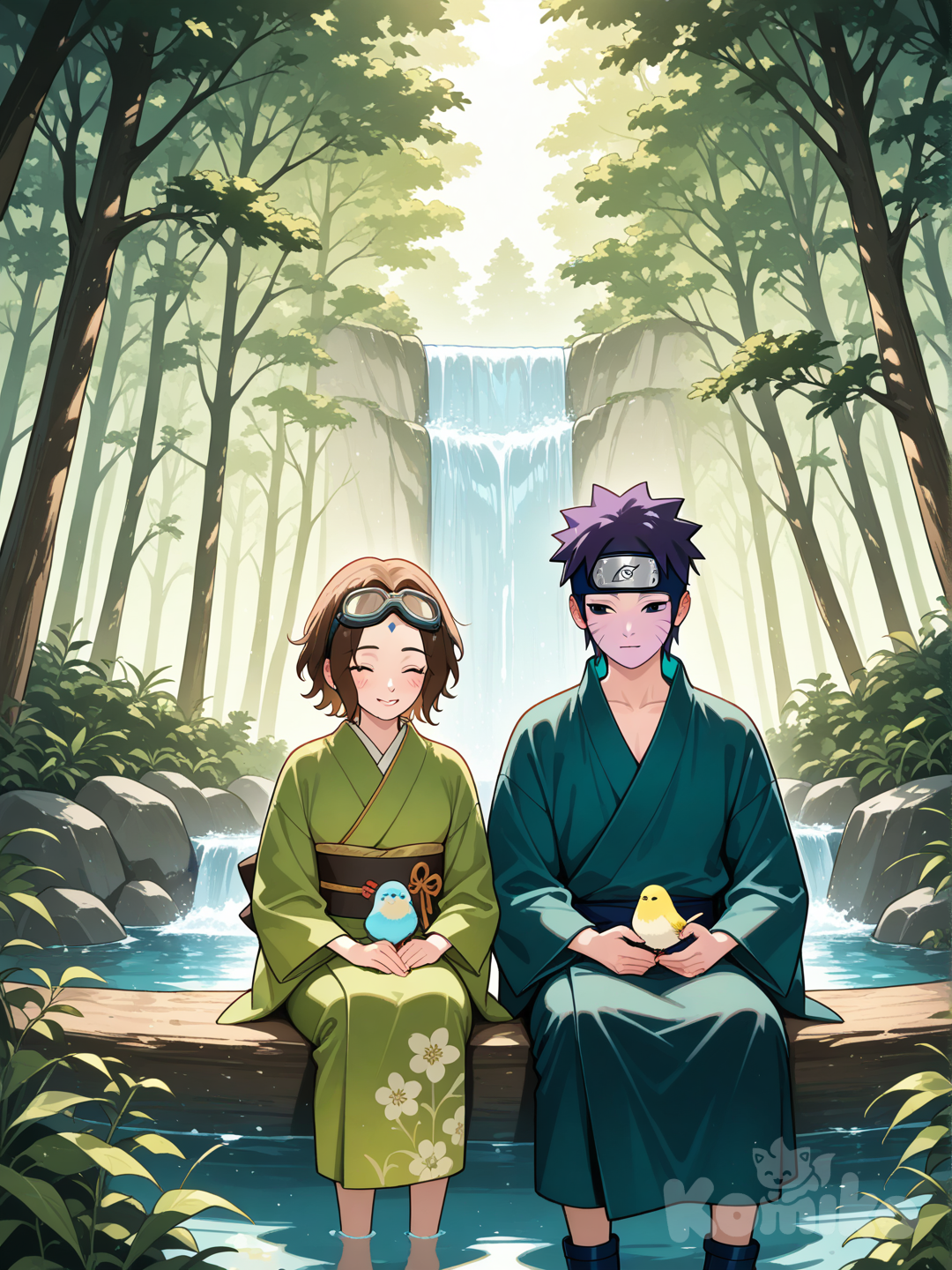 image is a beautifully rendered piece of fan art from the Naruto universe, specifically capturing a peaceful moment between Obito Uchiha and Rin Nohara. It’s a bittersweet scene for fans, as it depicts a level of tranquility and companionship that their actual story rarely allowed. Here is a breakdown of what makes this piece stand out: Characters & Details Obito Uchiha: Shown in his classic blue outfit and goggles-style headband. His expression is soft and caring, a sharp contrast to his later persona as "Tobi" or the series' primary antagonist. Rin Nohara: Identified by her signature purple face markings and green kimono. Her joyful expression captures the kindness that motivated Obito throughout his life. The Bird: The act of them tending to a small bird together emphasizes their shared compassion and the "what if" nature of a world without the Third Shinobi World War. Artistic Style The art uses a lush, vibrant color palette with a heavy focus on "God rays" (crepuscular rays) filtering through the trees. The background features a serene waterfall, which is a recurring motif in the series symbolizing training, reflection, and the flow of time. The Contextual Weight For those familiar with the lore, this image likely represents a scene from Obito's "Ideal World" or a childhood memory before the events at Kannabi Bridge. It highlights the central tragedy of Obito's character: his descent into darkness was fueled by the loss of the light and innocence represented by Rin in scenes exactly like this one.