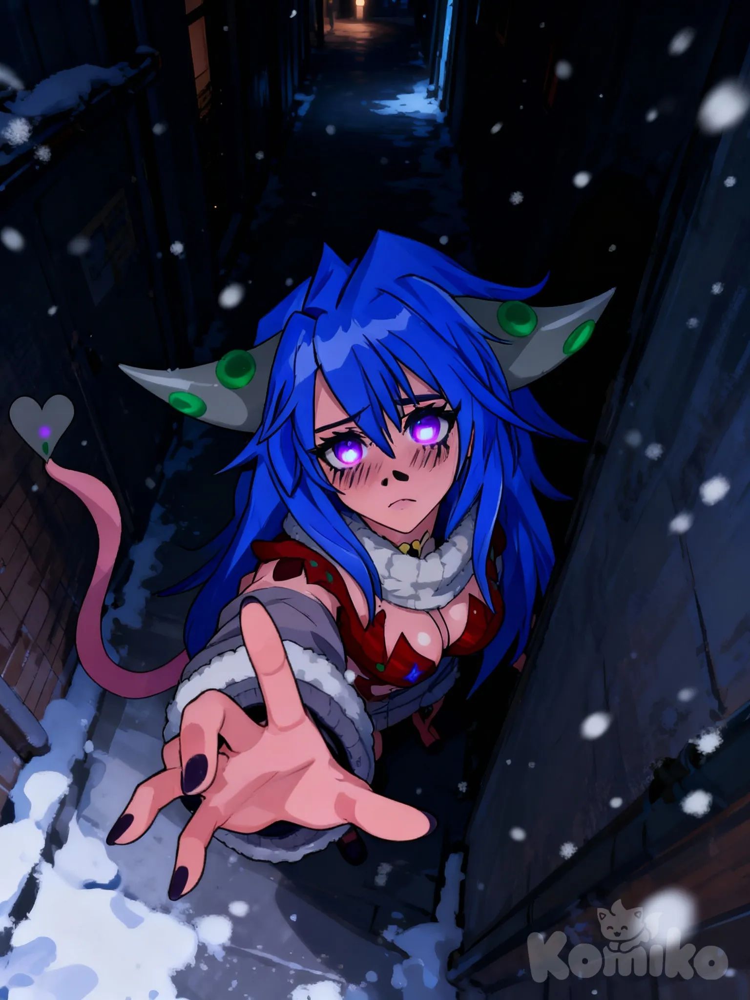 Ina_Kla'f, In a back alley, in the darkness a succubus peeks out, her eyes have a glow in the dark, staring at you with a confused and tender face, extending her hand towards the viewer, the camera is in top-down perspective, with her face as the main focus, alley, winter clothes, snowing, night, glowing eyes, eye contact, looking at viewer