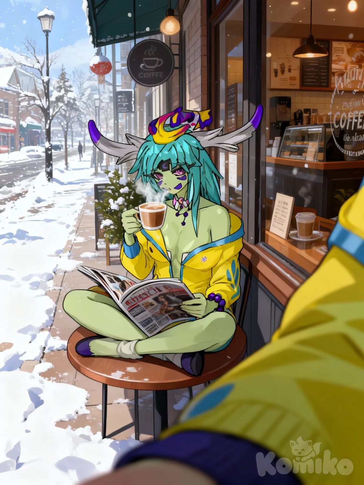 Zenia_Yog'sot, Outside a coffee shop, a peculiar woman with light green skin and 15 cm horns. She is sitting having a coffee and reading a magazine, she is sitting cross-legged, she watches you pass by her with a cold look, camera from the girl's right side, first-person perspective, looking at viewer, winter clothes, sitting, snowing, coffee, holding drink