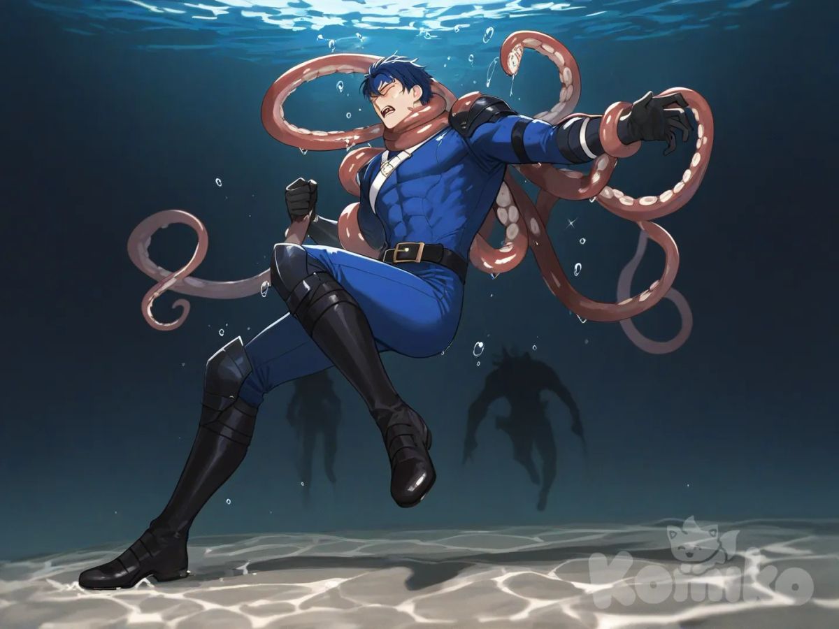 1boy, 1boy, 2people, fighting, superhero vs villain, superhero vs monster, human vs monster, confront, drowning, under the sea, deep sea water, dark, depth of field

Characters :
First person : Ike, fire emblem, muscular, has a short dark blue hair, light skin, black gloves, he's wearing three tone blue with black and white strap tight suit , superhero suit, adult, [serious-man-style], full body, underwater background, wet, superhero, eye closed, catch, chock

Second person : monster, villain, kraken, sticky, flexible, octopus, tentacles, angry, glow-in-the-dark, dangerous, aggressive