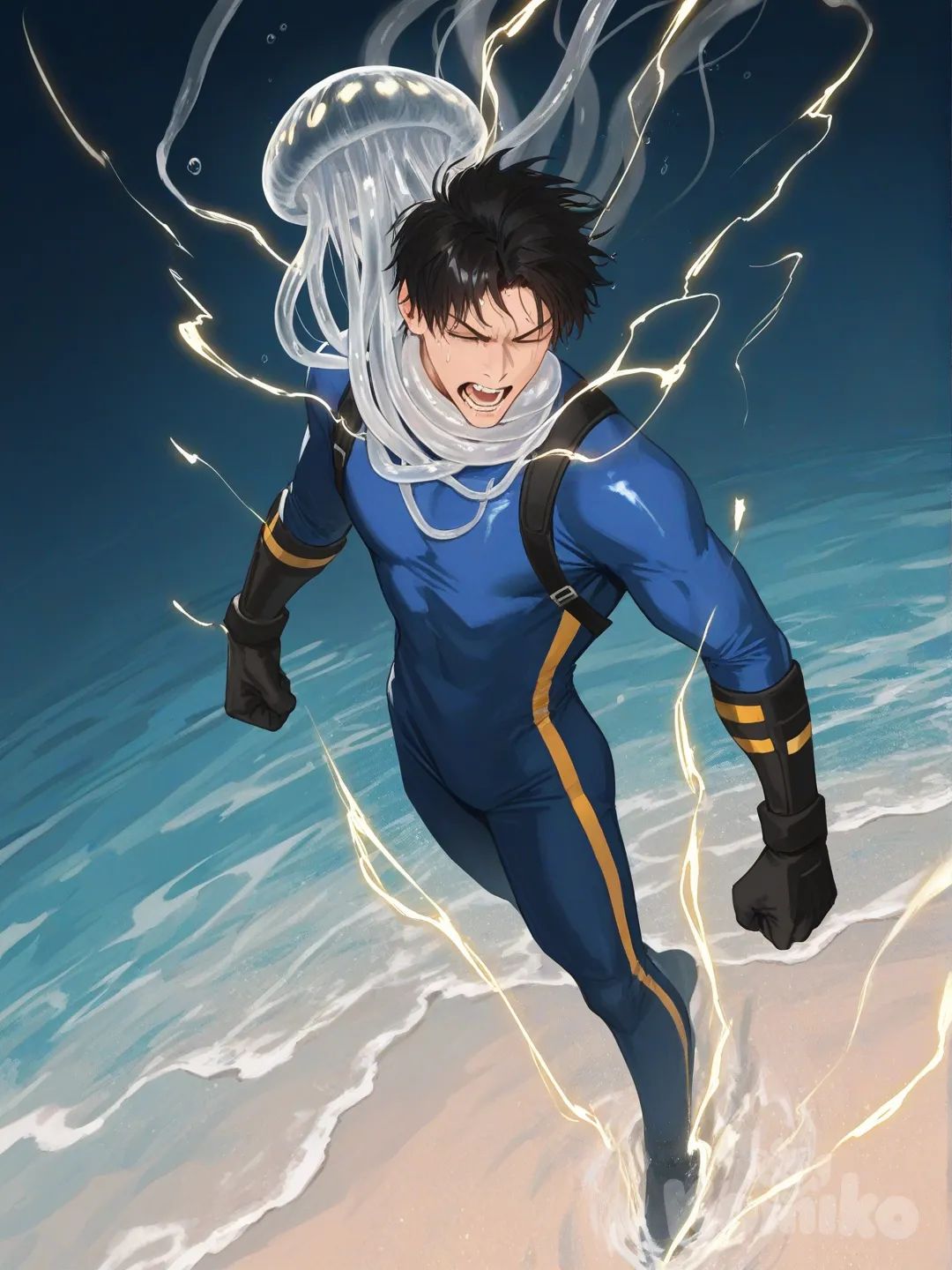 1boy, 1boy, 2people, fighting, superhero vs villain, superhero vs monster, human vs monster, confront, drowning, under the sea, deep sea water, dark, depth of field

Characters :
First person : Avan Gieserford, jock studio, slim-fit body, eyes closed, and black hair, light skin, black gloves, he's wearing three tone blue with white and yellow strap tight suit , superhero suit, adult, [serious-man-style], full body, underwater background, wet, superhero, twitch, catch, chock, stung,

Second person : monster, villain, sticky, flexible, jellyfish, tentacles, angry, glow-in-the-dark, dangerous, aggressive, electricity