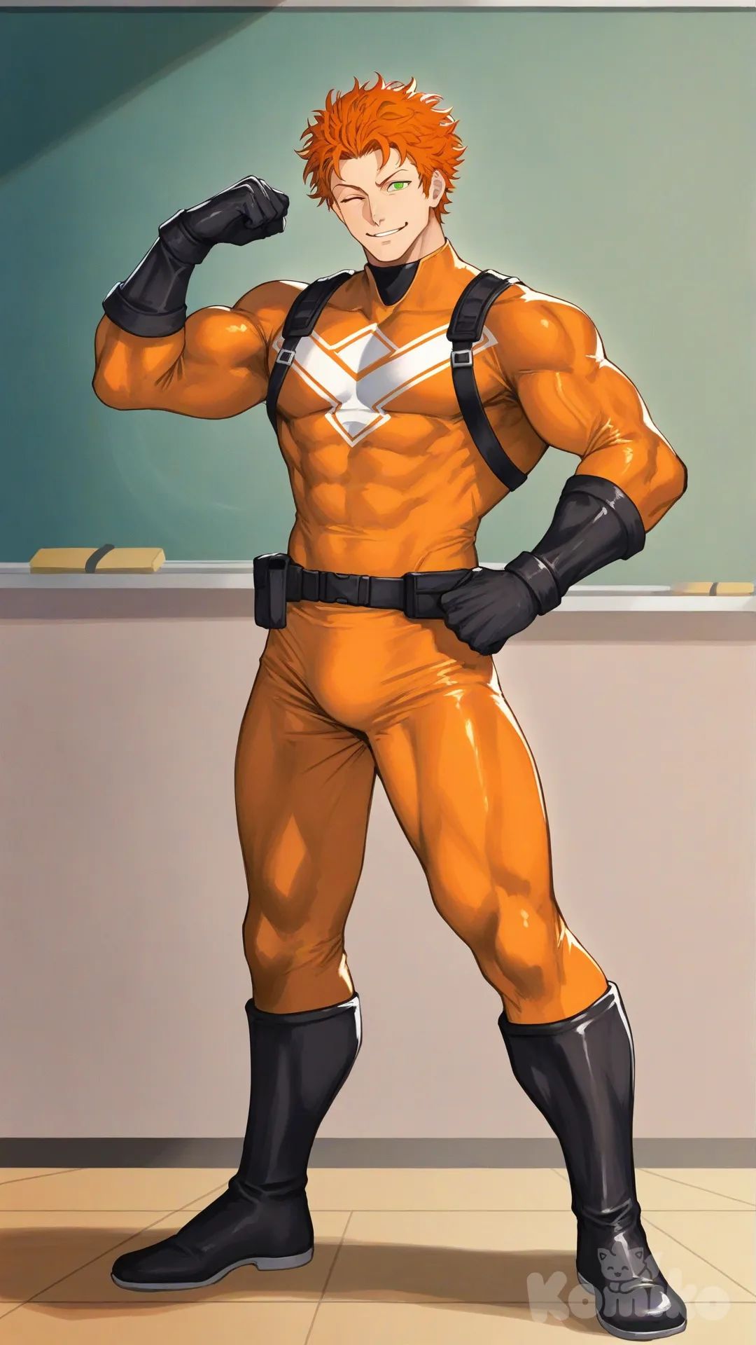 1boy, solo, cheered by children, kindergarten, class, Front profile view, 

Characters:
First person: Superhero, Bryce Callahan, Jock Studio, muscular body, messy orange hair, green eyes, fair skin tone, black gloves, he's wearing three tone orange with white and black strap tight suit, superhero suit, [serious-man-style], full body, standing, one eye closed, smile, flexing, looking at viewer