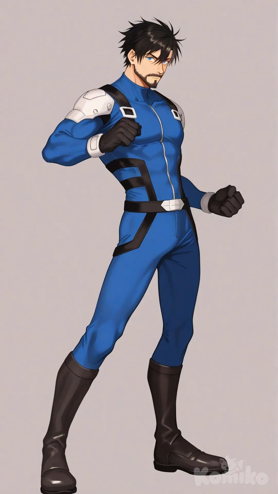 1boy, solo, looking at viewer, front profile photo, white background,

Characters:
First character: Superhero, Avan Geiserford, Jock Studio, slim-fit body, mature, short side part cut hairstyle black hair color, bearded, cyan eyes, fair skin tone, black gloves, he's wearing three tone blue with black and white strap tight suit, superhero suit, [serious-man-style], full body, standing, fighting stance