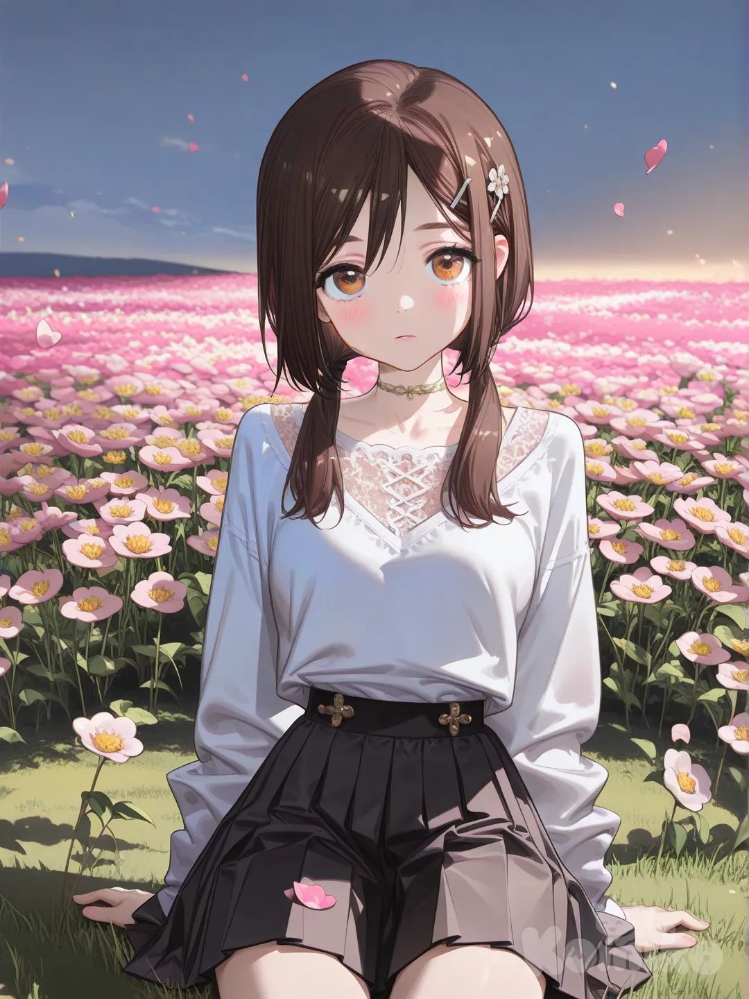 @Ieiri_Shoko , 1girl, sitting on the ground, blush, pleated skirt, henley shirt, lace, hairpin, jewelry, twin tails, upper body, looking at viewer, wide shot, ambient light, flower field, [high-gloss-illustration-style]