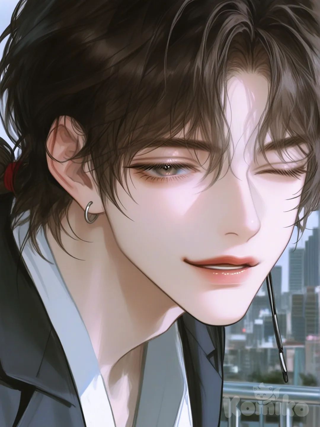 1boy, one eye closed, vest, suit pants, mullet, closeup, upper body, depth of , cityscape, [semi-realistic-portrait-style], smirk, depth of field, earrings
