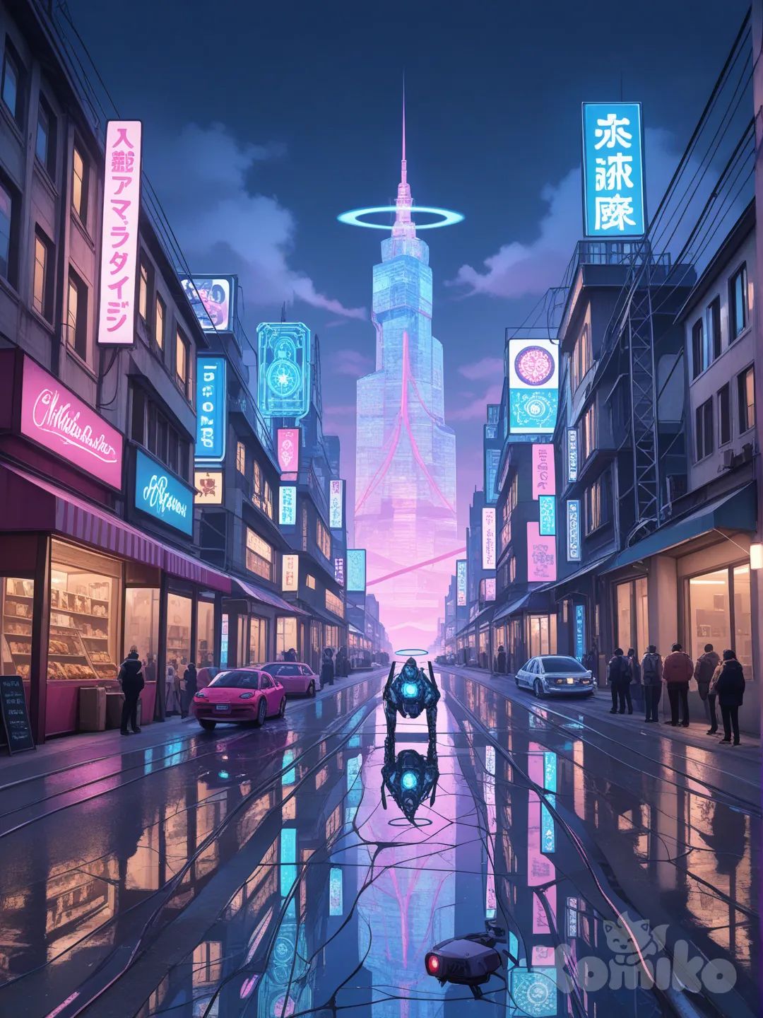 A hyper-photorealistic 16K cinematic render of a sprawling cyberpunk megalopolis at midnight, where towering skyscrapers pierce a smog-choked sky streaked with neon-pink, electric blue, and acid-green hues—their facades covered in massive holographic billboards projecting looping ads in alien scripts and human languages, 3D holographic dancers twirling between buildings, and floating news tickers scrolling through breaking headlines. The skyscrapers vary in design: some are sleek, glass-and-steel monoliths with glowing vertical LED strips, others are jagged, industrial structures with exposed pipelines belching neon-purple steam, and a few ancient, weathered towers wrapped in tangles of fiber-optic cables that glow like bioluminescent vines. Between the buildings, multi-level highways weave like glowing snakes—elevated roads packed with hovercars of all shapes and sizes (sleek corporate shuttles, beat-up street racers, bulky cargo transporters) emitting trails of cyan exhaust, while skybridges made of transparent carbon-fiber connect skyscrapers, bustling with pedestrians in futuristic streetwear (neon-lit jackets, cybernetic augmentations, holographic masks).
 
Below, the streets are a chaotic tapestry of life: neon-lit food stalls serving synthetic noodles and glowing energy drinks, their awnings flickering with holographic menus; street vendors selling black-market cybernetic parts and bootleg tech from rusted carts; crowds of people—some with glowing eye implants, others with mechanical arms or legs, a few wearing exoskeletons for enhanced mobility—hurrying between destinations, their shadows stretched by the neon lights. Puddles of rainwater (left from a recent downpour) cover the cracked asphalt, reflecting the skyscrapers’ neon glow, the hovercars’ trails, and the flickering signs like shattered mirrors. Steam rises from manholes and street vents, mixing with the smog to create a hazy, atmospheric fog that diffuses the neon light into soft, glowing halos.
 
Along the edges of the scene, a network of elevated train tracks carries sleek, maglev trains with glowing undercarriages, their windows illuminated by the screens of passengers scrolling through holographic devices. A massive, derelict crane towers over a construction site, its metal frame rusted but adorned with illegal neon graffiti that spells out anti-corporate slogans. Nearby, a canal cuts through the city, its murky water filled with floating debris and bioluminescent algae that glows faint green, while small boats with holographic navigation systems ferry passengers between docks lined with rusted shipping containers converted into makeshift homes or shops.
 
In the distance, a colossal corporate headquarters dominates the skyline—a pyramid-shaped structure with a massive holographic logo projecting from its peak, surrounded by a force field of pulsing blue energy. To the right, a slum district clings to the side of a skyscraper, its ramshackle dwellings made of scrap metal and repurposed tech, connected by rickety walkways and zip lines, their windows glowing with warm, dim light. Above, drones zip through the air—some are corporate surveillance drones with red searchlights, others are small, personal drones carrying packages or recording footage