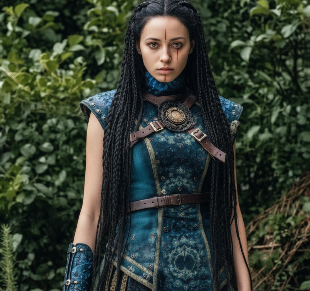 she has long black,straight hair that is in braids she has a scar on her eye and she is blind in it and she is wearing what it is in the photo above