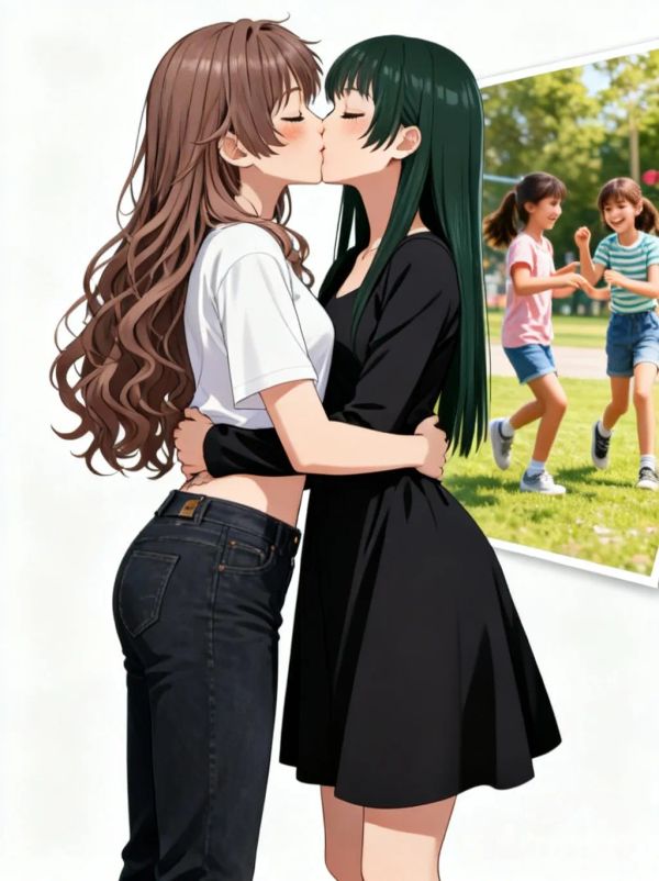 @mai-rl6D is wearing a hoodie and is kissing , @winter-Aser and they both have a side memory of when they were younger