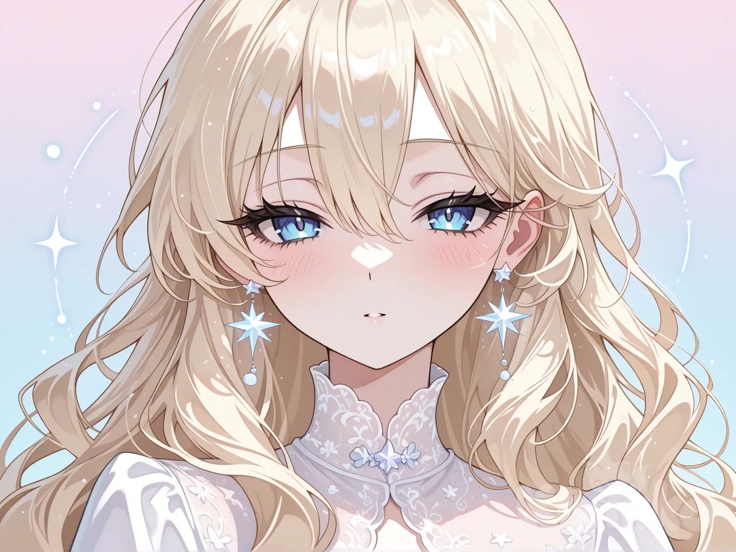 “beautiful anime girl with long platinum blonde hair, soft loose waves, blue eyes, light blush on cheeks, calm and dreamy expression, eyelashes, pale smooth skin, celestial earrings with stars and a small planet charm, soft lighting, high-detail illustration, upper body portrait, pastel aesthetic, clean background, delicate and elegant atmosphere”

“low quality, blur, extra limbs, deformed face, bad anatomy, distorted eyes, oversaturated colors, messy hair strands, grainy, watermark, signature, text”