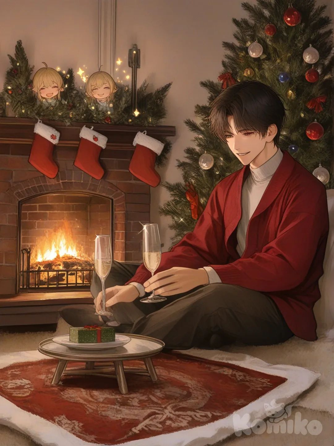 1 blonde girl, 1 blackhair girl, 1 blackhair man, christmas tree, cozy sofa, champagne, fireplace, warm home, carpet, chrismas decorations, magic, fun, decorating the christmas tree, selebration , [semi-realistic-portrait-style]