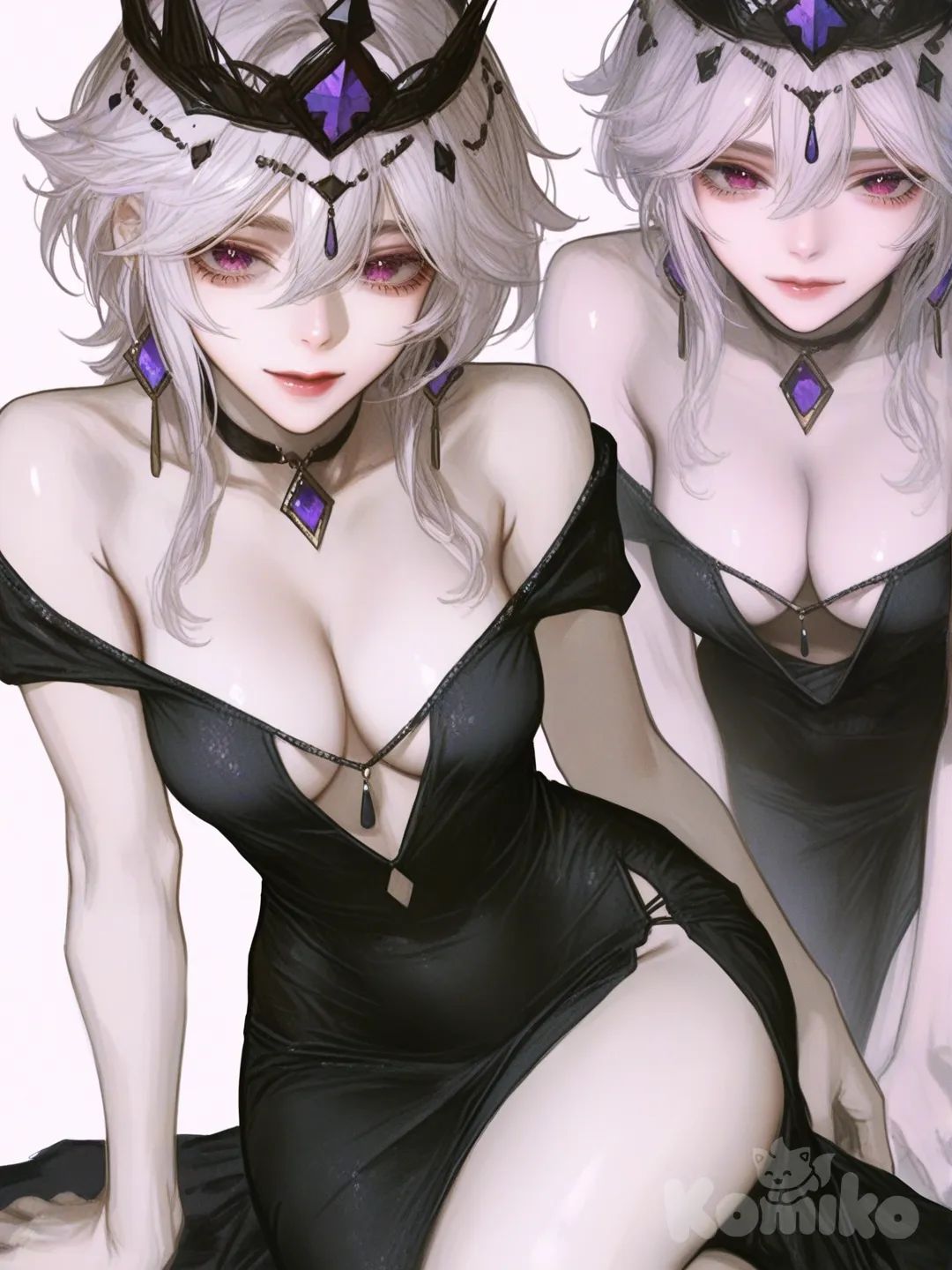 [semi-realistic-portrait-style] 1girl, genshin impact style, semi_realistic, original character, teenager, curvy, slim, white hair, purple eyes, fair skin, low-cut black evening dress, high leg slit, choker, diamond jewelry, crown, single character, full body, looking at viewer, simple background, white background