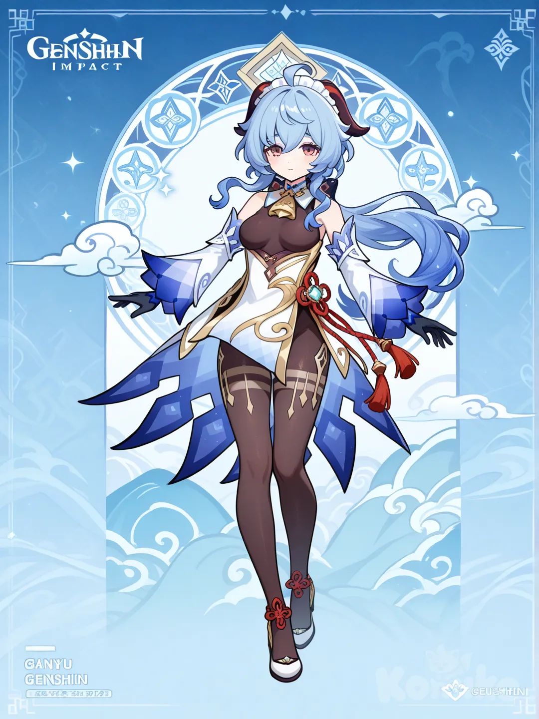 @Ganyu_(Genshin_Impact) with her blue hair wearing the clothes of @Cloud_Retainer_(Genshin_Impact) with all the pantyhose ,gloves an all the clothes that wears @Cloud_Retainer_(Genshin_Impact)