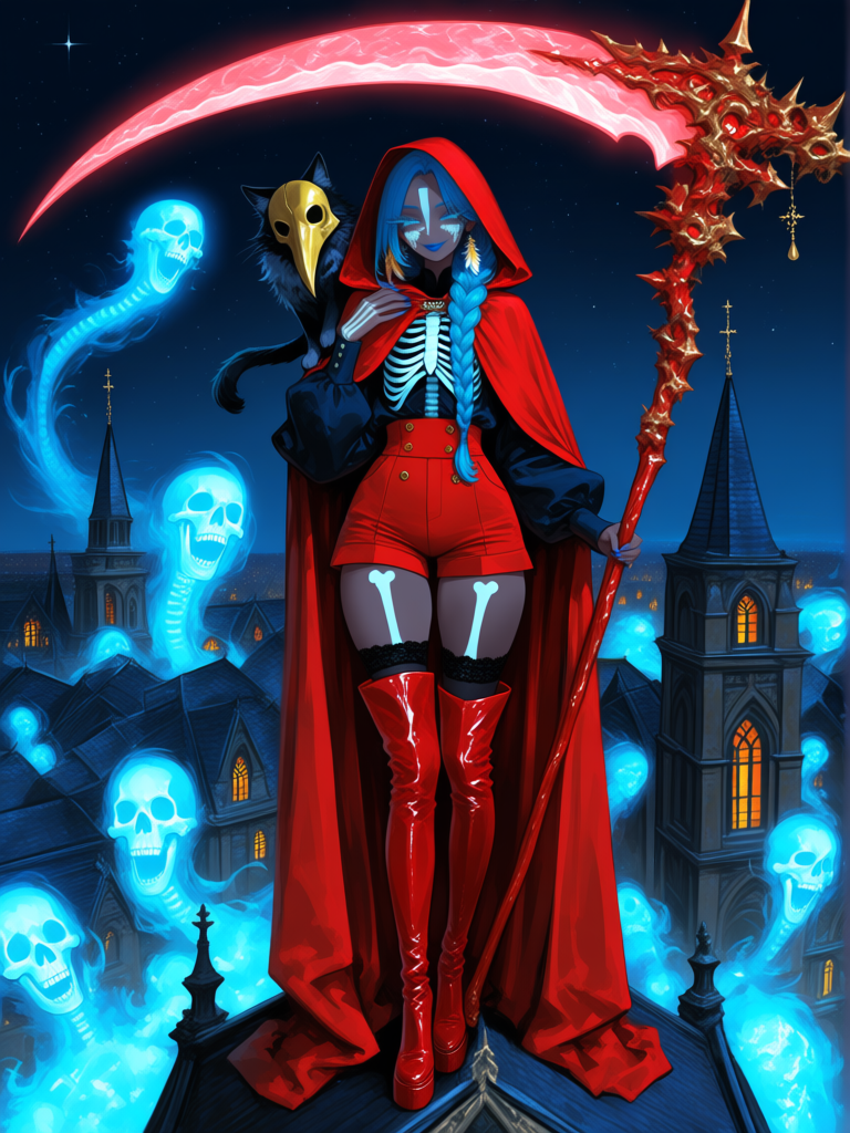 The Red Reaper and Her Feline Helper