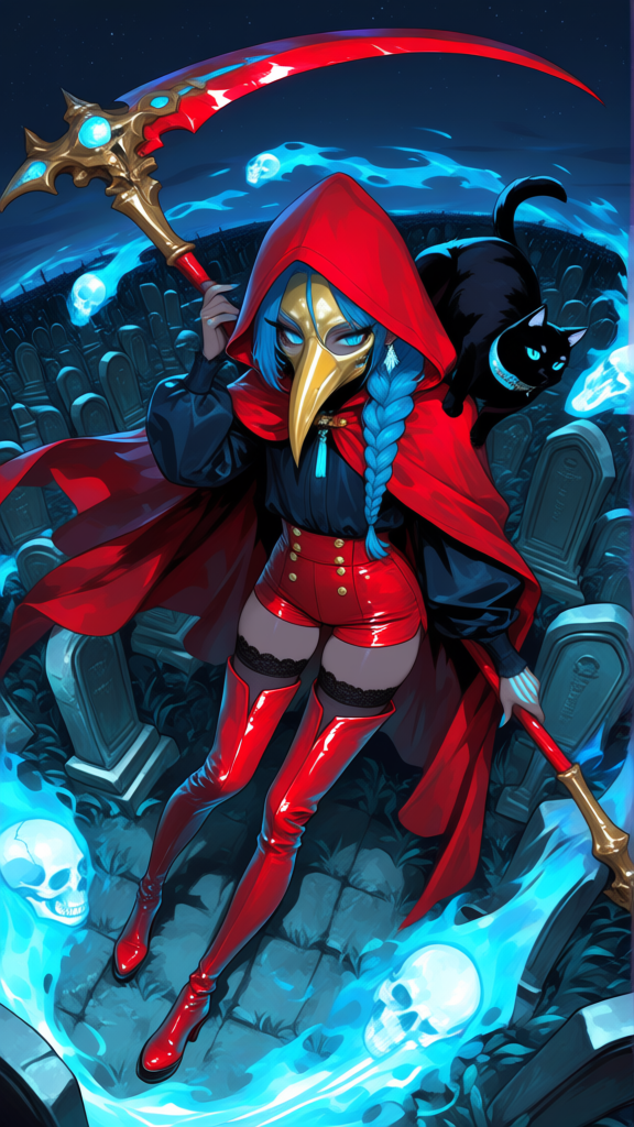 The Red Reaper and Her Feline Helper