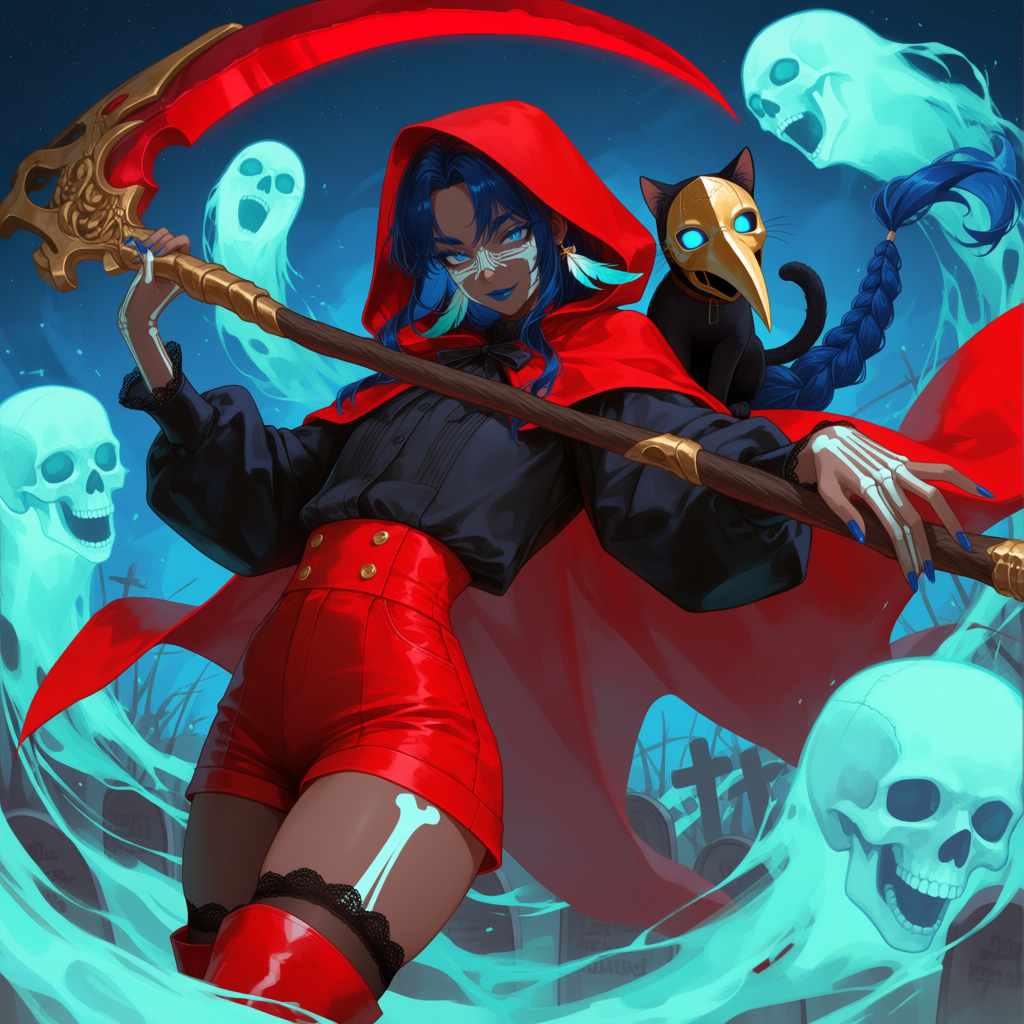 The Red Reaper and Her Feline Helper