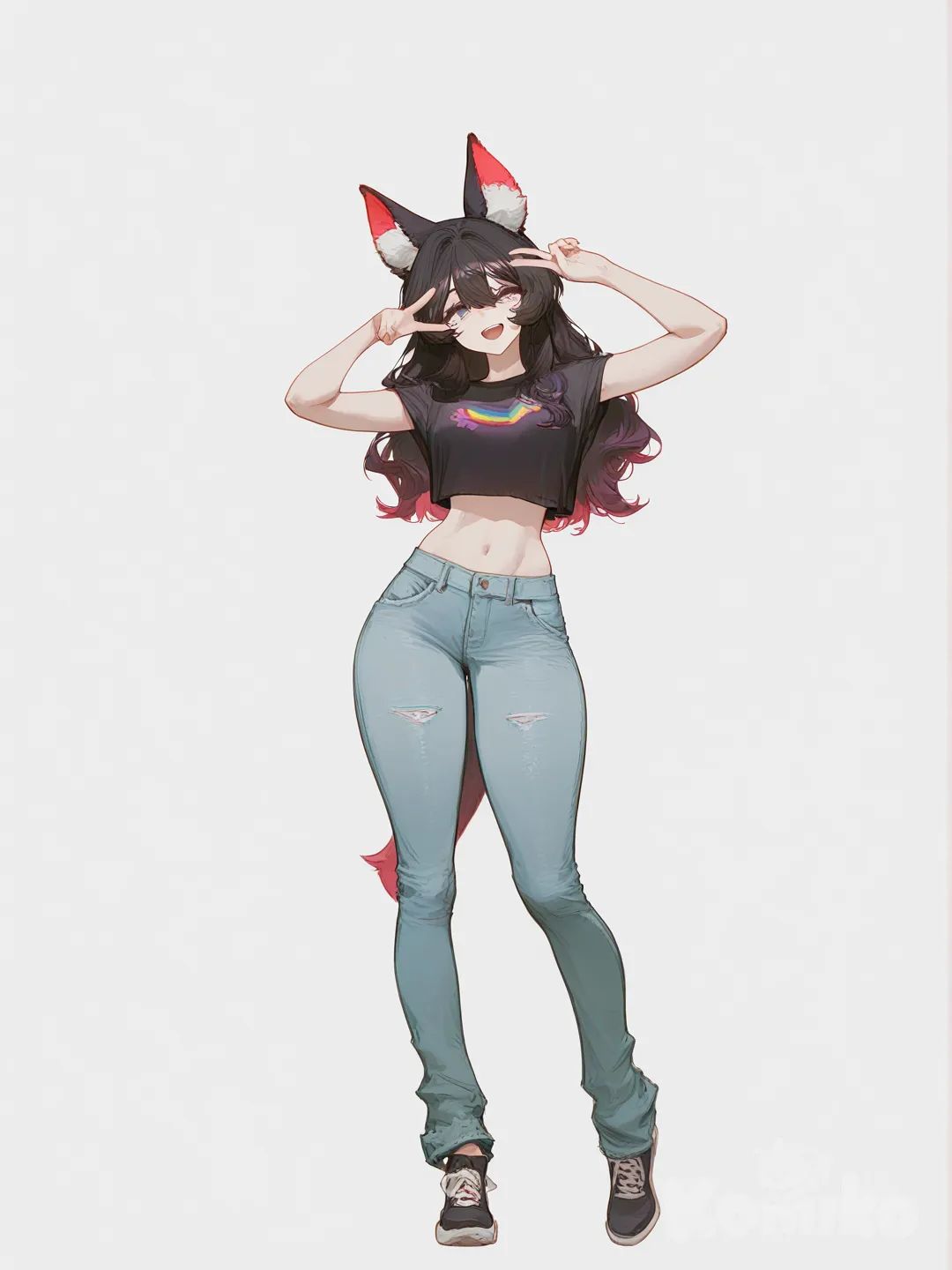furry, anthropomorphic character, cute, smiling, colorful fur, vibrant eyes, playful pose, ultra-[high-contrast-glossy-style], v sign, 1girl, cutesexyrobutts, laughing, open mouth, smile, crop top, tight pants, jeans, wolf ears, wavy hair, rainbow, full body, white background