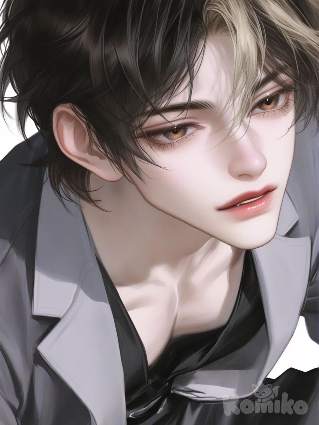 male, lean muscular build, defined muscles, broad shoulders, pale skin, black hair with professionally styled blonde streaks, warm brown eyes, youthful eye appearance, controlled posture, deliberate movements, striking stillness, sharp jawline, high cheekbones, straight nose, subtle stubble, slightly arched eyebrows, wearing tailored black dress shirt, fitted charcoal grey blazer, slim-fit black trousers, confident and composed expression, cinematic lighting, realistic skin texture, soft shadowing, sharp focus on face, modern sophisticated style, elegant and refined appearance, [semi-realistic-portrait-style], upper body