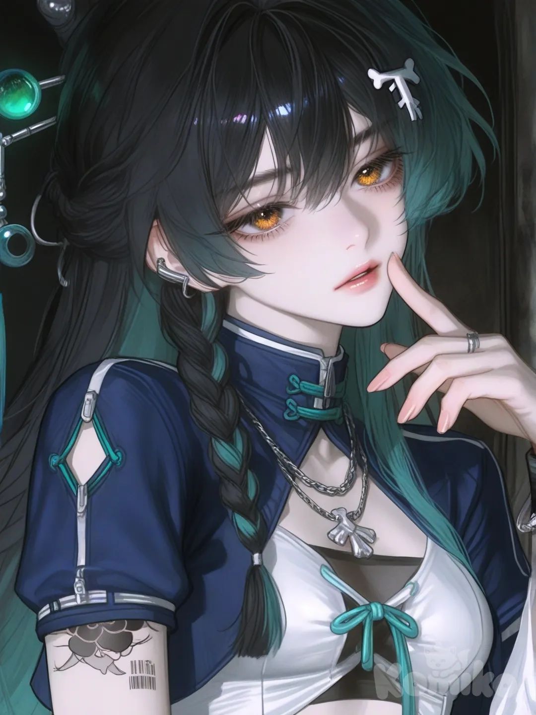 female character, wuthering waves style, upper body only, half body portrait, slender build, calm focused expression, porcelain beige skin, oval face, sharp chin, soft cheekbones, pale amber eyes, long black hair fading into muted teal at the ends, uneven feathered hair tips, partial side braids with thin metallic wire charms, asymmetrical cropped jacket in dark slate blue, high collar, one long sleeve one short sleeve, jade green inner lining, subtle waveform fabric patterns, fitted bone white inner top visible at neckline, faint translucent side panel detail, geometric glowing mark on inner left forearm partially visible, soft cyan and pale gold glow, mismatched resonance wrist bands, ear cuff with fine chain connected to collar, futuristic fantasy clothing, jinzhou frontier aesthetic, clean anime style, sharp lineart, high detail, soft cinematic lighting, neutral background
, 1girl, [semi-realistic-portrait-style]