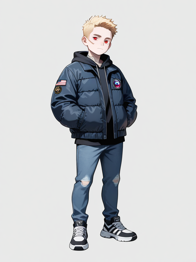 1boy, beautiful, arrogant expression, cyberpunk, marvel style, superhuman, mature, athletic build, blonde hair, red eyes, scar, pale skin, hoodie, jeans, down jacket, no facial hair, young, single character, full body, looking at viewer, simple background, white background