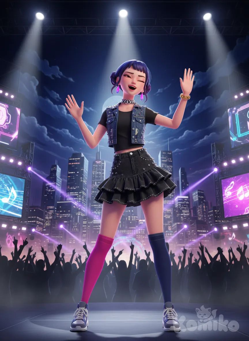 @Zoey, singing, dancing, waving, disappointed, smile, open mouth, one eye closed, t-shirt, vest, denim skirt, ruffles, studs, plastic, zebra print, choker, knee-high socks, bracelet, jewelry, diamonds, earrings, fuchsia, navy blue, gradient, full body, from below, wide shot, city lights, night, top light, cinematic lighting, sle, stage light, cityscape, cloud, концерт, музыка, мощь, эпично