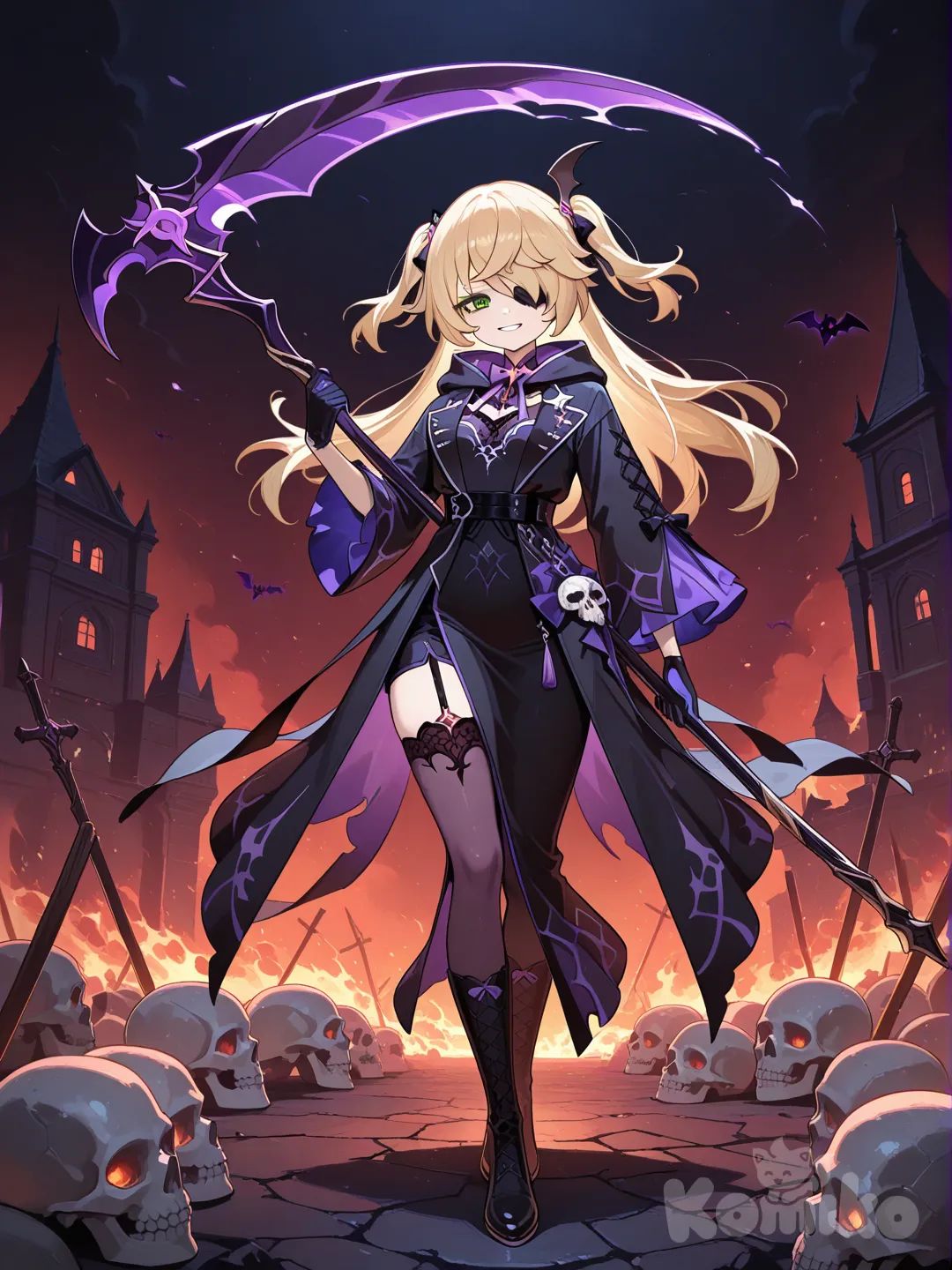 @Fischl_(Genshin_Impact) as a shinigami , smile, looking at viewer, full body, backround is the underworld
