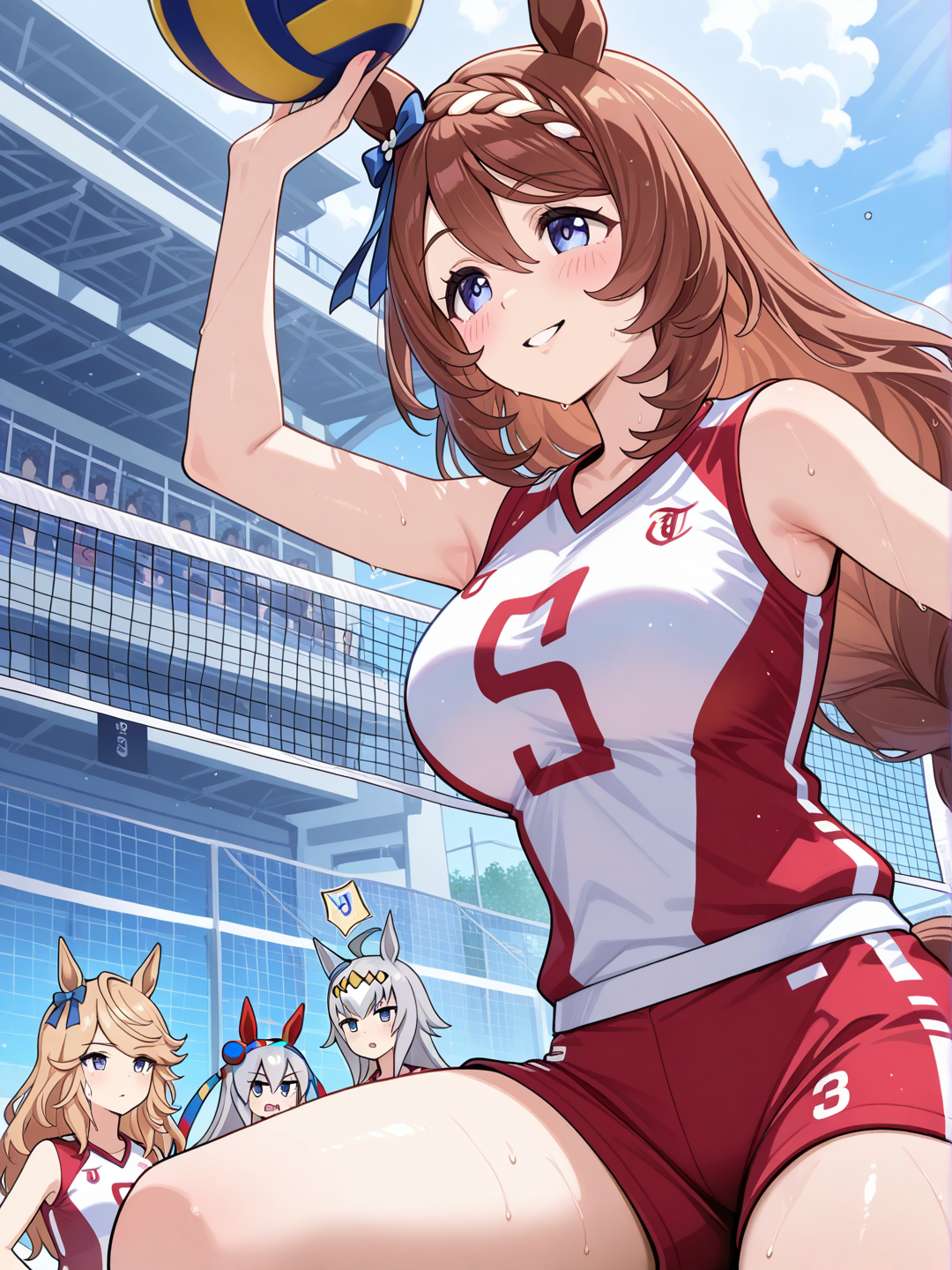 oguri cap (umamusume), tamamo cross (umamusume), volleyball, volleyball uniform, super creek (umamusume), gold city (umamusume)