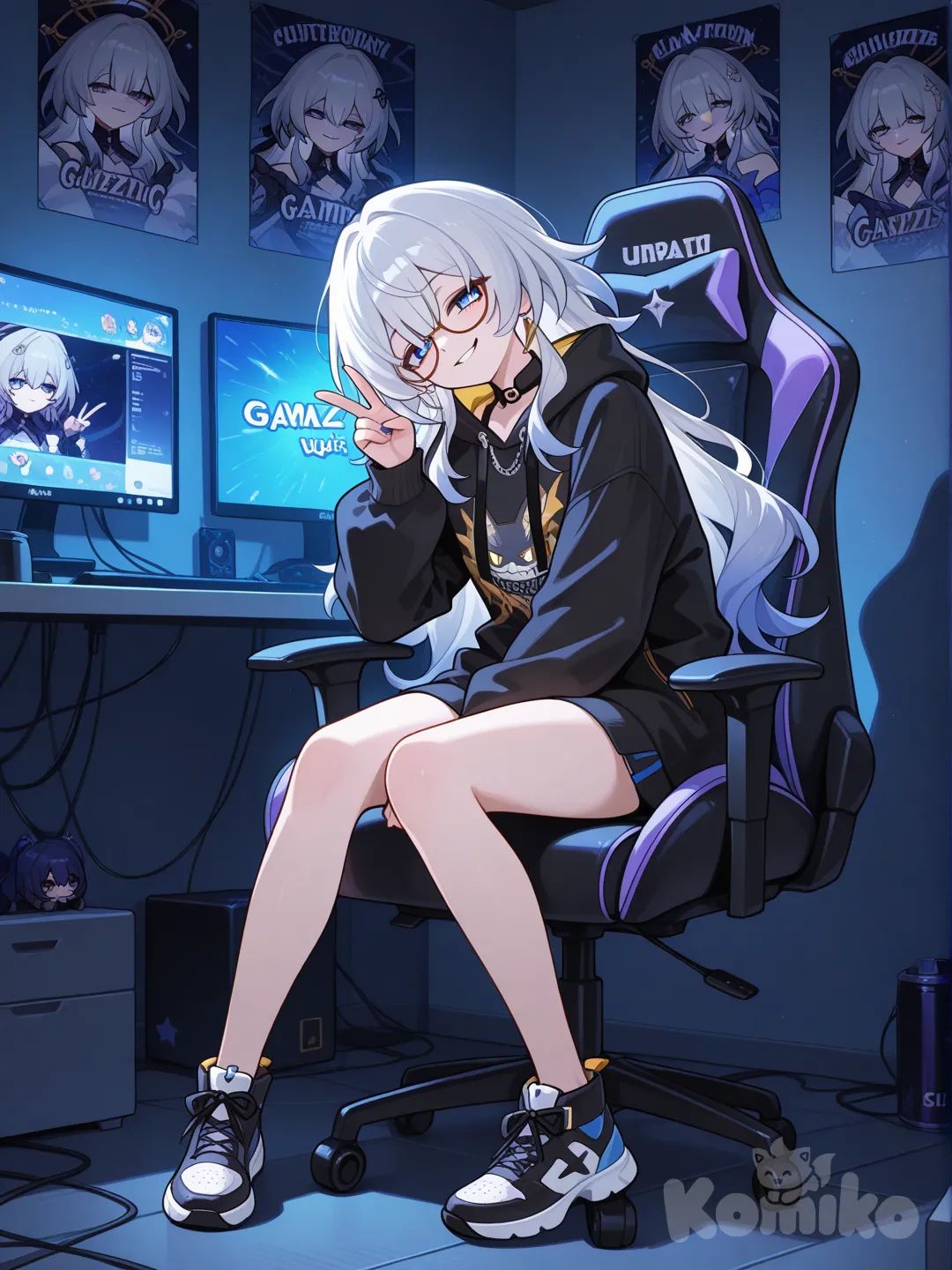 sle in home white hair, gaming chair