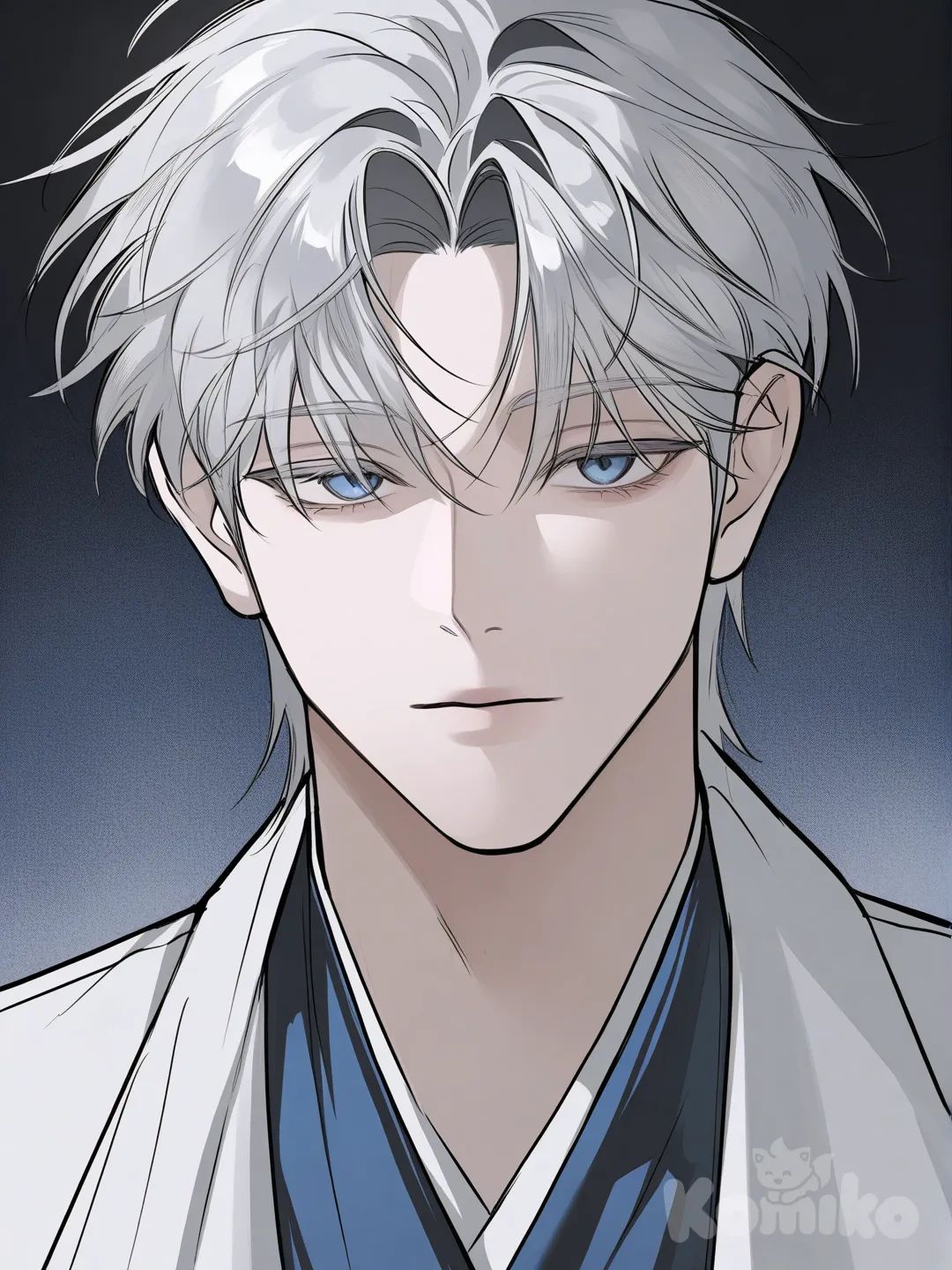 1boy, [muscular-manhwa-style],blue eyes, silver hair, suit,fluffy hair,beautiful face, teenager, elegant, peau claire, expressionless