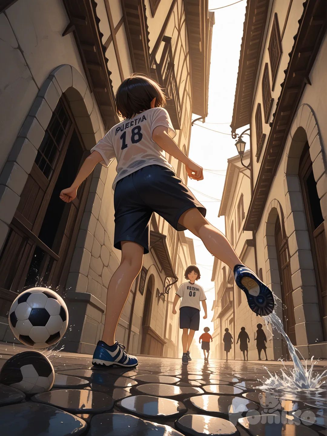 Two Kids playing football in a soaked street, dramatic light, light in the back, old medieval street, silhouette, low angle view, old clothes, photorealistic