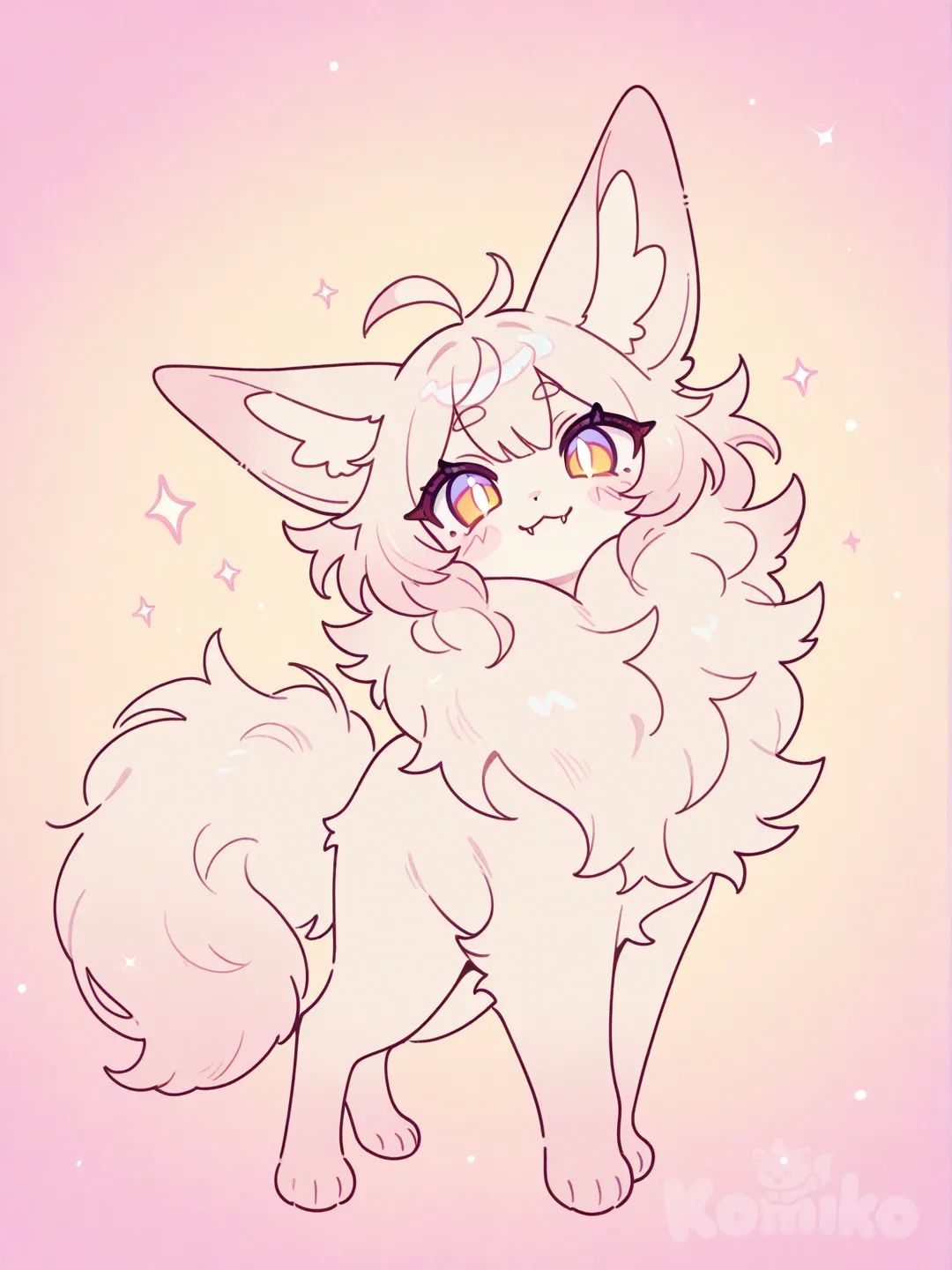 Cute digitally-drawn anthro character in a clean cartoon style, smooth lineart, soft shading, expressive large eyes that look hand-drawn (not AI-like), gentle highlights, pastel color palette, small fangs, fluffy fur details, stylized proportions, lively pose, subtle facial expression, high-quality digital illustration, artist-style color blending, warm soft lighting, crisp outlines, artistic brush texture