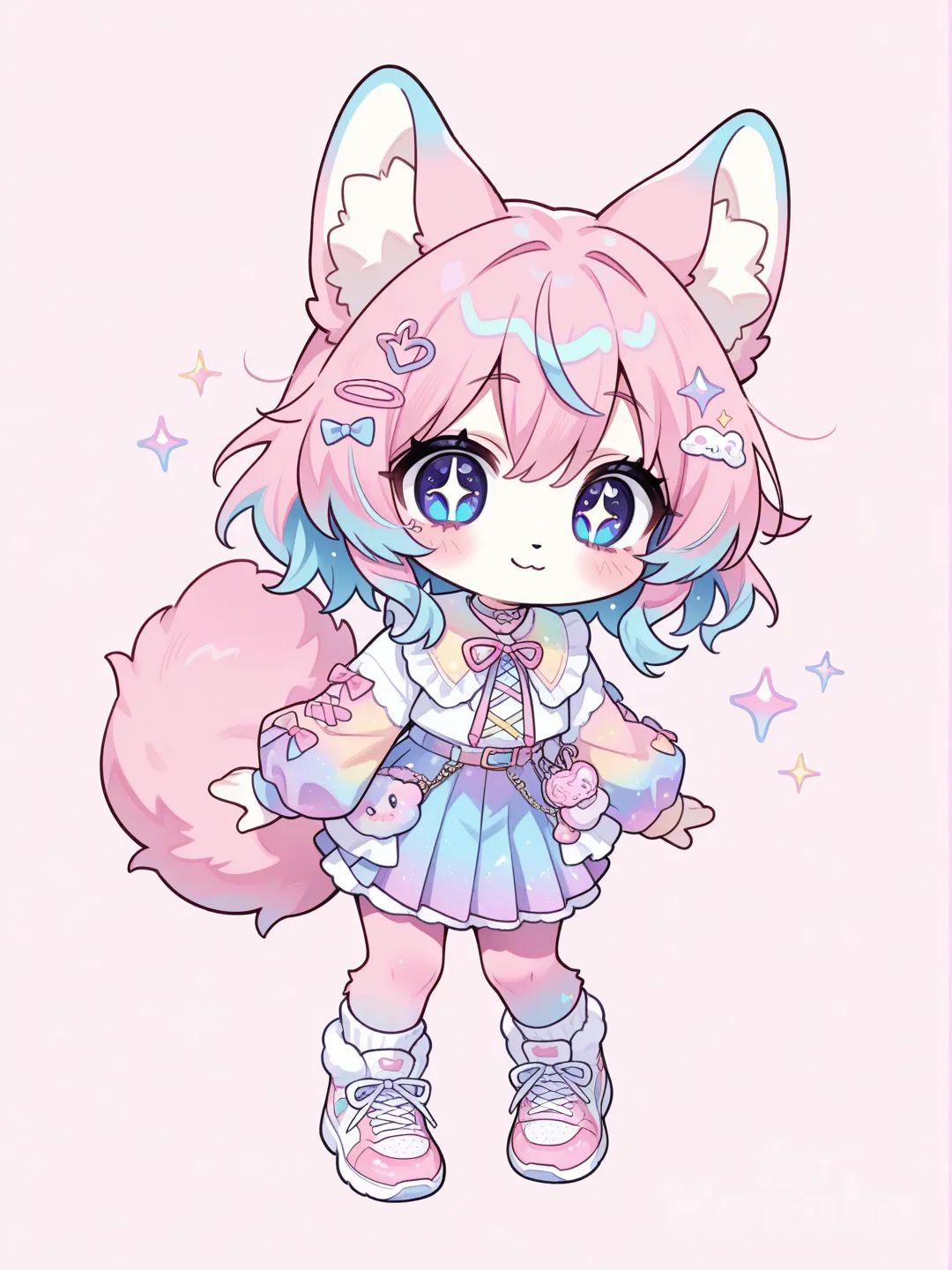 “Super cute original furry character, anthropomorphic animal, cartoon/anime style, big sparkling eyes, soft rounded features, cheerful and playful expression, dynamic and lively pose, colorful and vibrant outfit or accessories, fluffy or stylized fur, chibi or slightly exaggerated proportions, full body, high-quality digital illustration, soft shading and gentle highlights, extremely charming and lovable, kawaii vibe, unique and original design.”