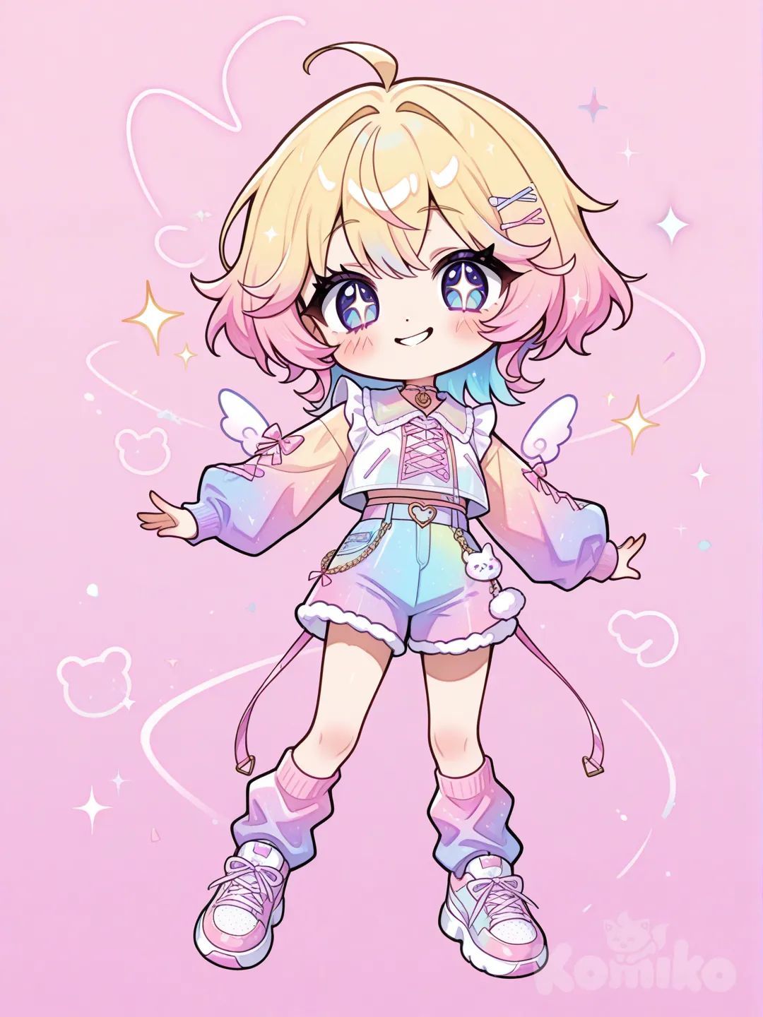“Super cute original character, cartoon/anime style, big sparkling eyes, small rounded nose, soft and smooth features, cheerful and playful expression, dynamic and lively pose, colorful and vibrant outfit, fluffy or stylized hair, chibi or slightly exaggerated proportions, full body, high-quality digital illustration, soft shading, gentle highlights, extremely charming and lovable, kawaii vibe, unique and original design.”