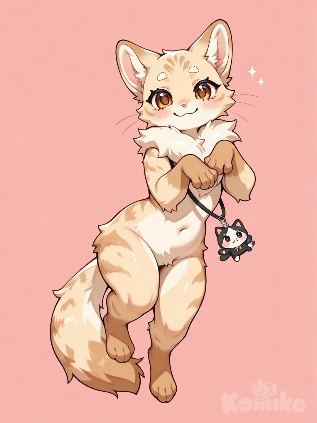 “Super cute original furry character, anthropomorphic animal, semi-realistic style, expressive large eyes, soft and fur, playful and charming expression, dynamic and natural pose, realistic proportions, high-quality digital illustration, textures and shading, vibrant but natural colors, full body, unique and original design, visually appealing and lovable, focus on personality and charm.”