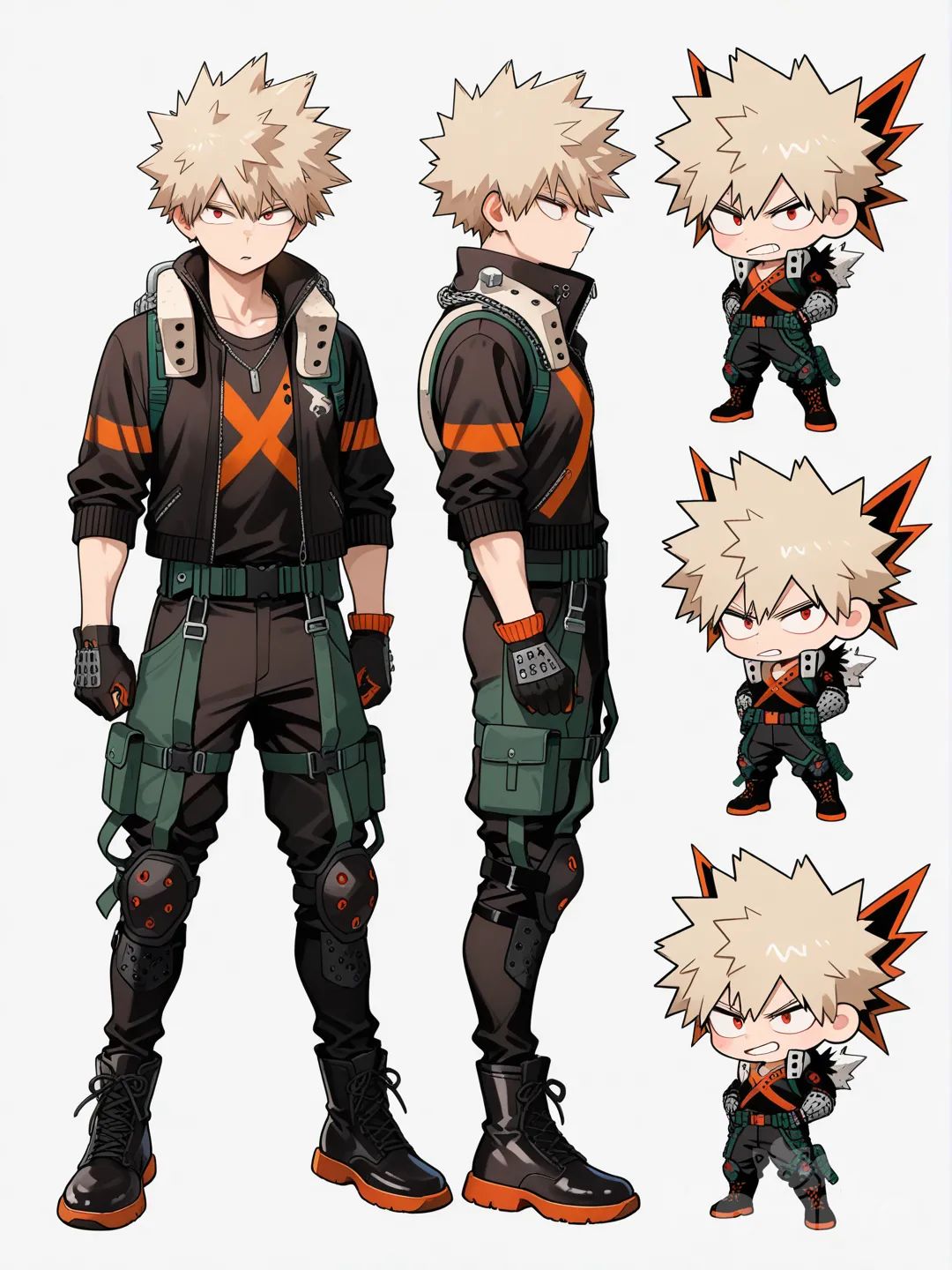 Dibuja una plantilla de varios @Bakugou_Katsuki en forma chiby sobre fondo blanco. Agrega poses diferentes a cada modelo