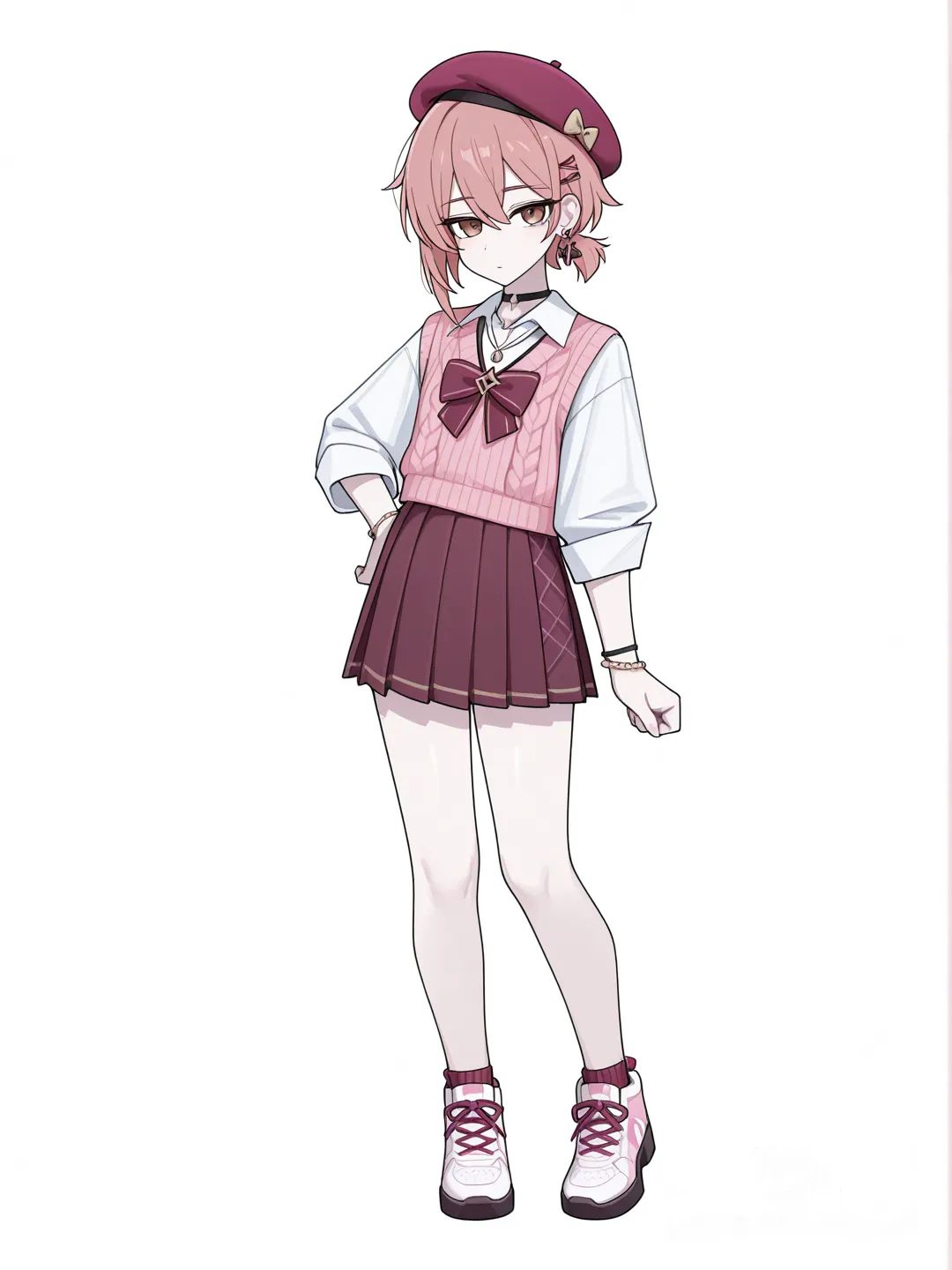 [toon-shaded-style] 1girl, genshin impact style, teenager, short, pink short hair, ponytail, brown eyes, dimple, pale skin, pleated skirt, knitted vest, bow, hair accessory, bracelet, choker, beret, earrings, necklace, single character, full body, looking at viewer, simple background, white background