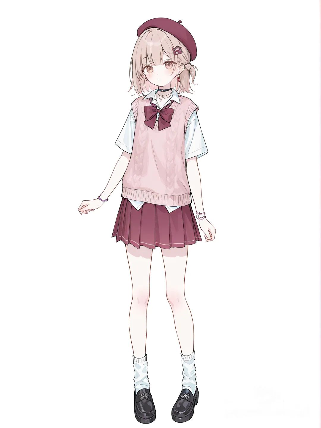 [soft-pastel-style] 1girl, genshin impact style, teenager, short, pink short hair, ponytail, brown eyes, dimple, pale skin, pleated skirt, knitted vest, bow, hair accessory, bracelet, choker, beret, earrings, necklace, single character, full body, looking at viewer, simple background, white background