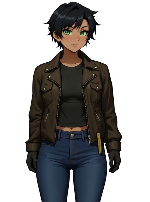 1girl, mature, athletic, black hair, green eyes, olive skin, leather jacket, outdoor adventure jacket, jeans, single character, full body, looking at viewer, anime style, simple background, white background