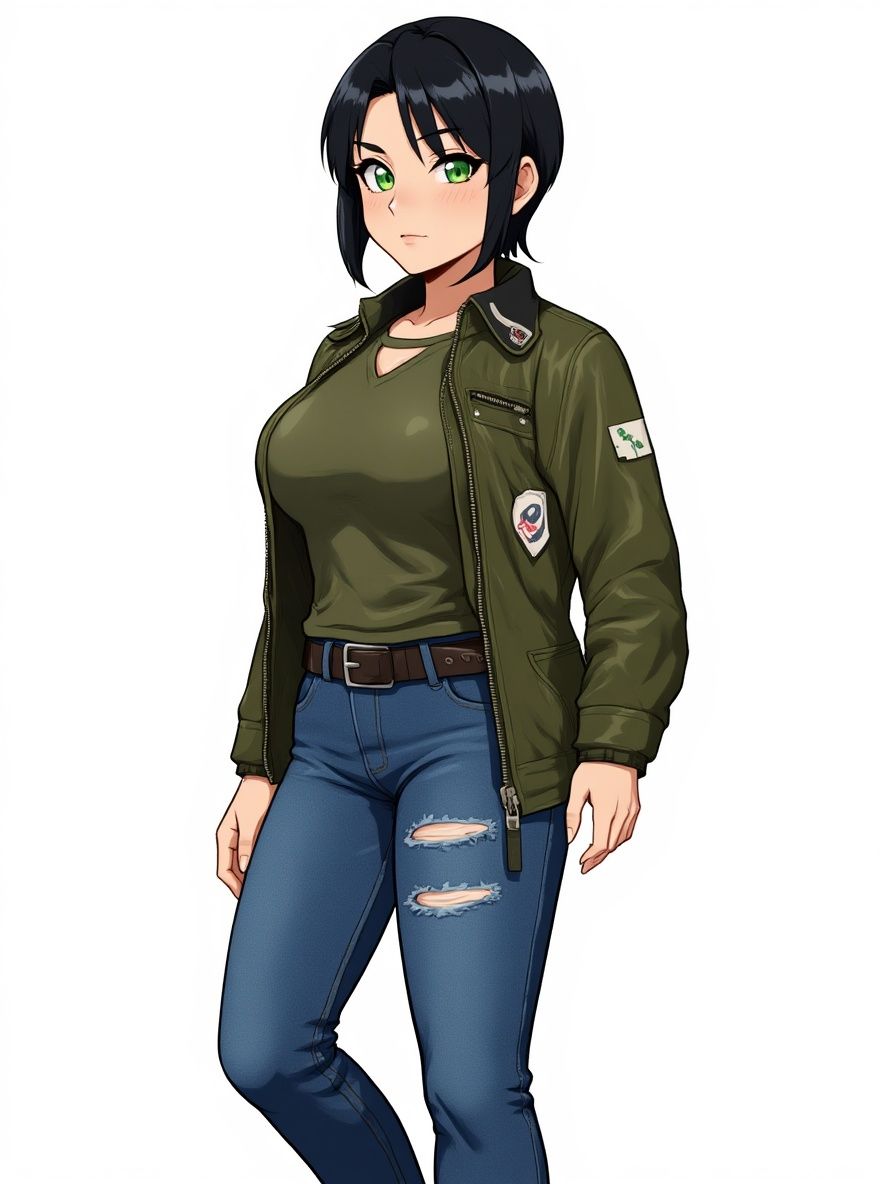 1girl, mature, athletic, black hair, green eyes, olive skin, leather jacket, outdoor adventure jacket, jeans, single character, full body, looking at viewer, anime style, simple background, white background