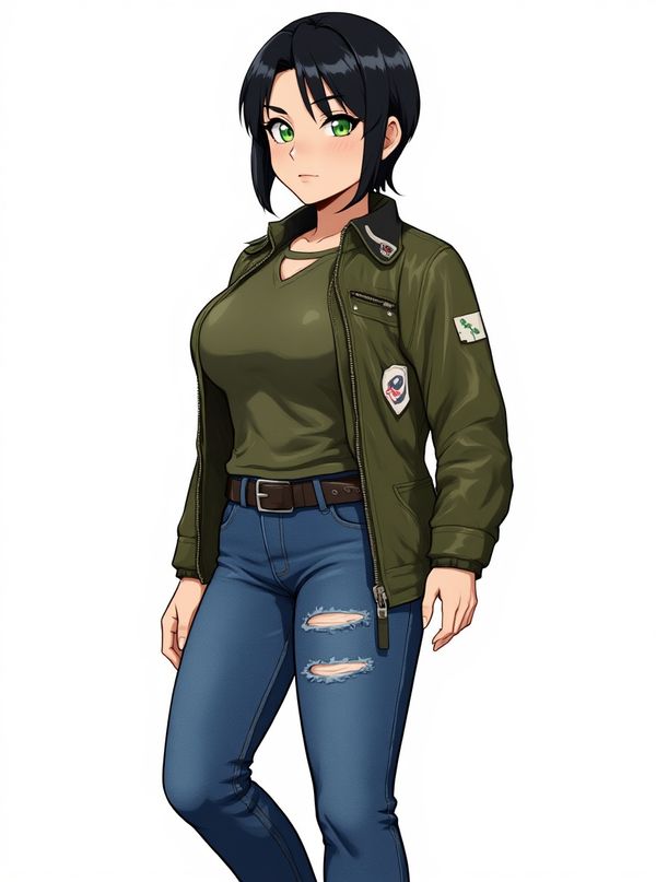 1girl, mature, athletic, black hair, green eyes, olive skin, leather jacket, outdoor adventure jacket, jeans, single character, full body, looking at viewer, anime style, simple background, white background