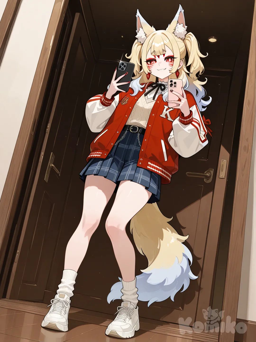 Nina Kosaka, selfie, twin tails, straight bangs, blonde hair, wolf ears, varsity jacket, knitted vest, full body
