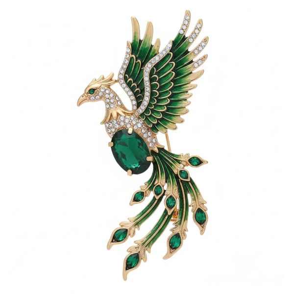 Medieval brooch, emerald phoenix, emerald gems, anime style