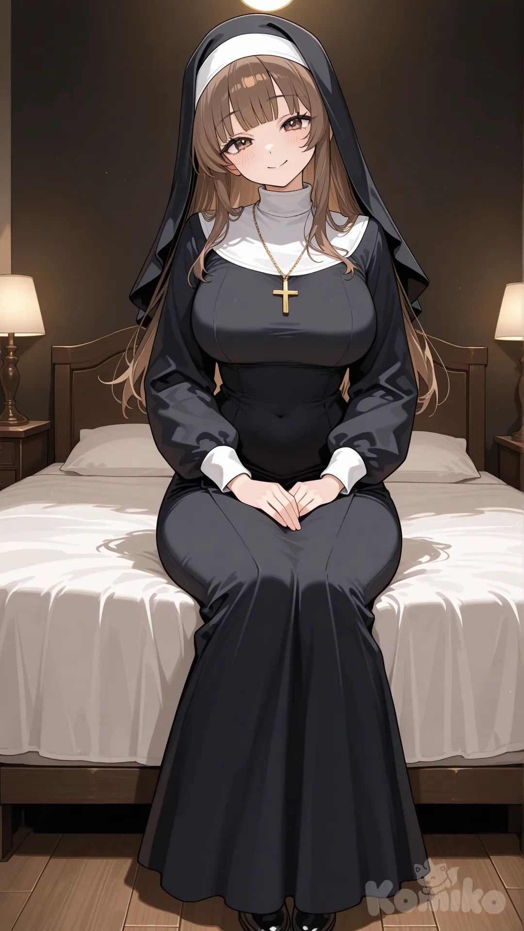 @agnes-uJld 

Sitting on the bed, with her head gently tilted to the right, with a warm, friendly smile, night, full body