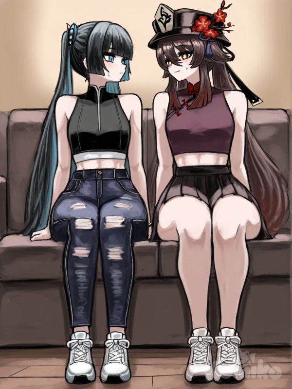 @maddie-fenton-oHuB, sentada no sofá da sala , @Hu_Tao_(Genshin_Impact), [sketchy-painterly-style]