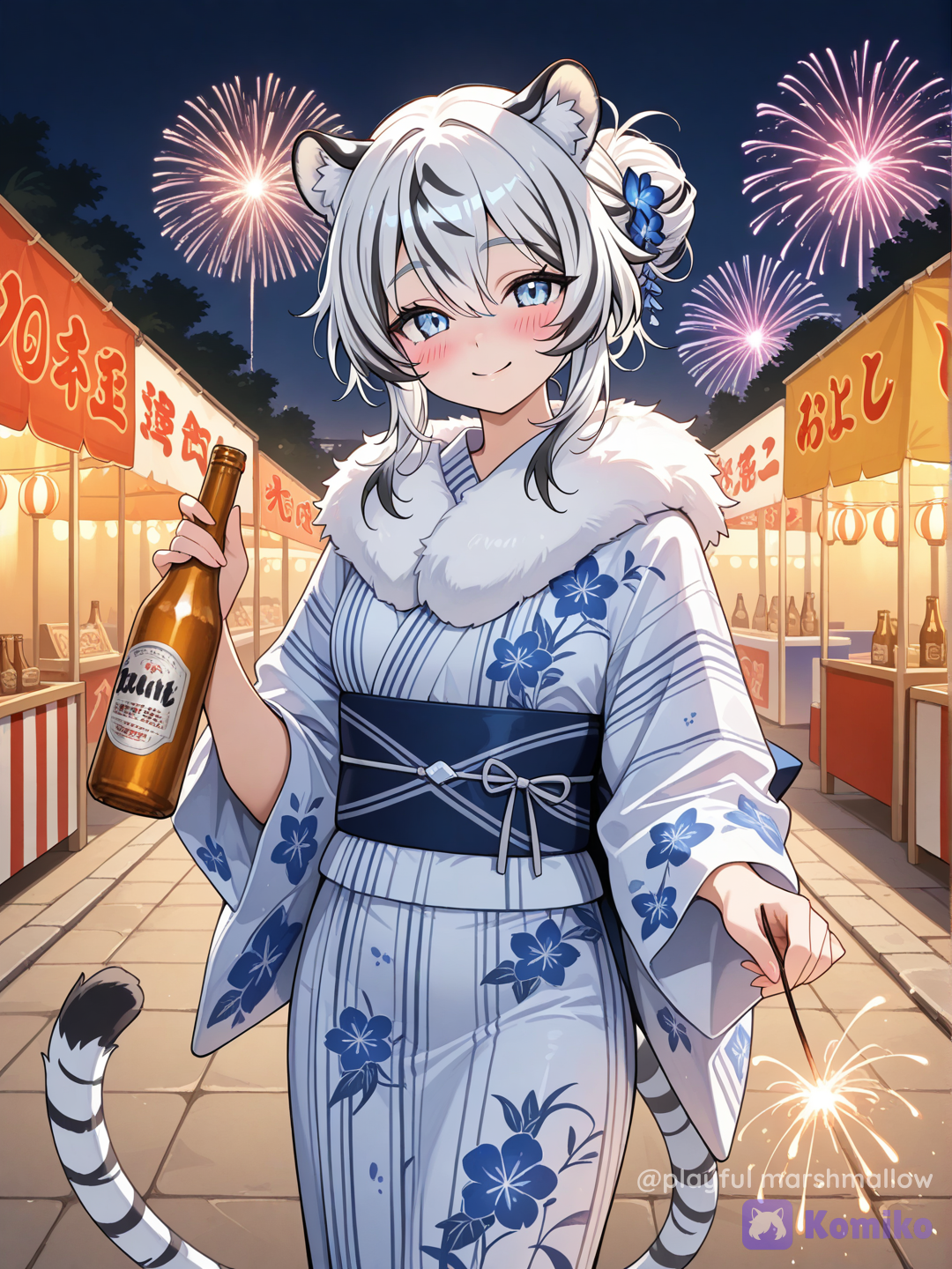 White tiger girl in a festival drinking beer