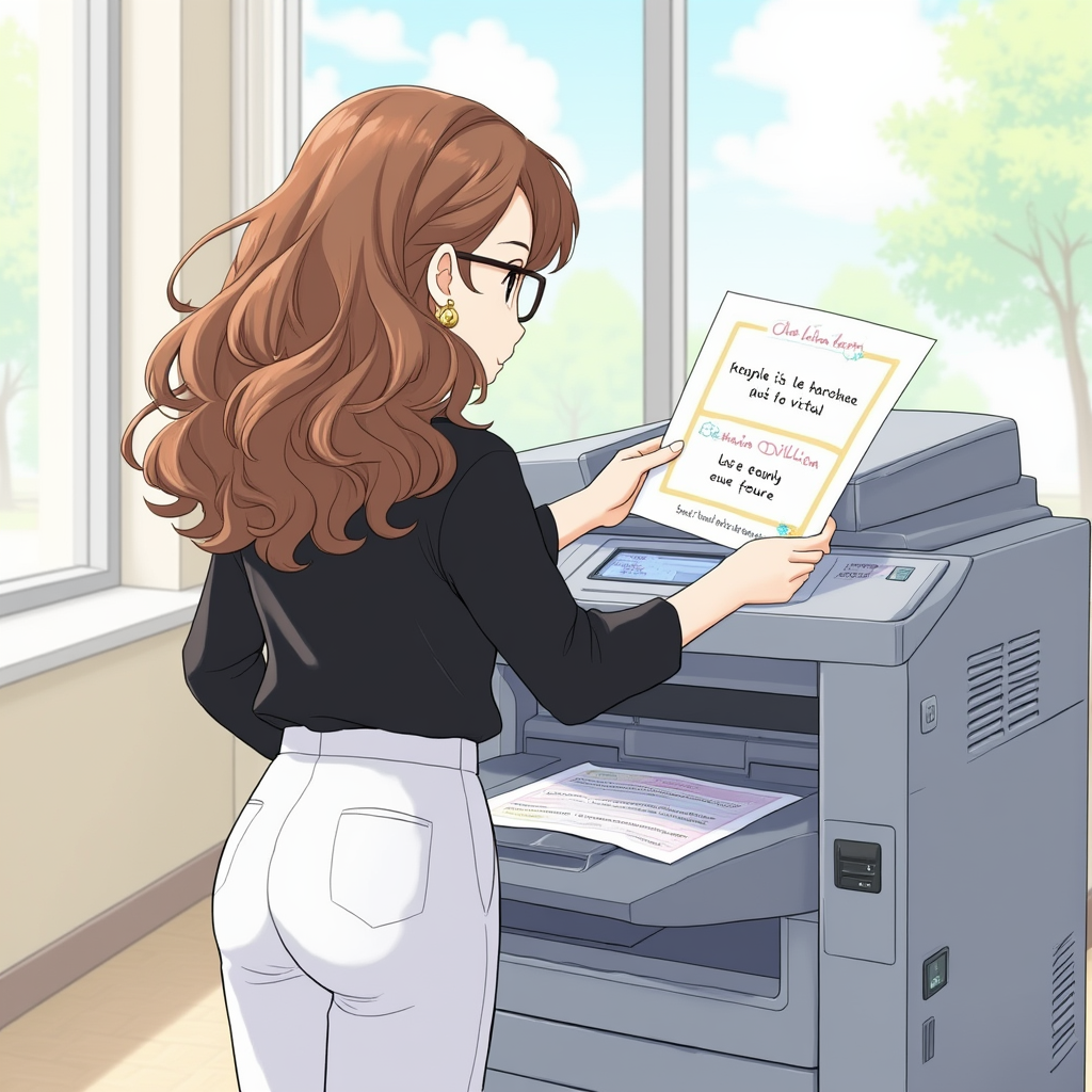 Character 0 is Ms. Olivia, description: A young female teacher with middle-long brown curly hair, brown round glasses, olive eyes, wearing a black long-sleeve top and white trousers, and gold hoop earrings..
Ms. Olivia standing in front of a large grey copier machine in a brightly lit school office. She is holding a sheet of paper with Latin text visible. The copier's display shows it's ready to use, anime style with soft pastel color and soft lighting