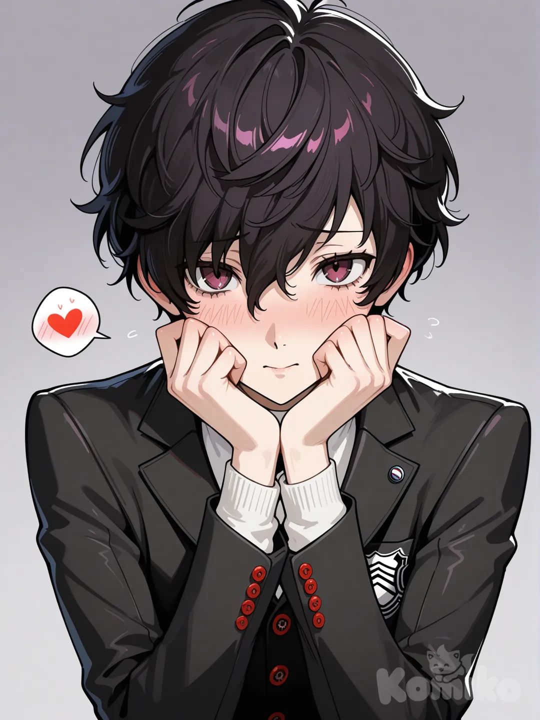 Japanese boy with black hair, magenta eyes, shujin uniform from persona 5, blush, shy