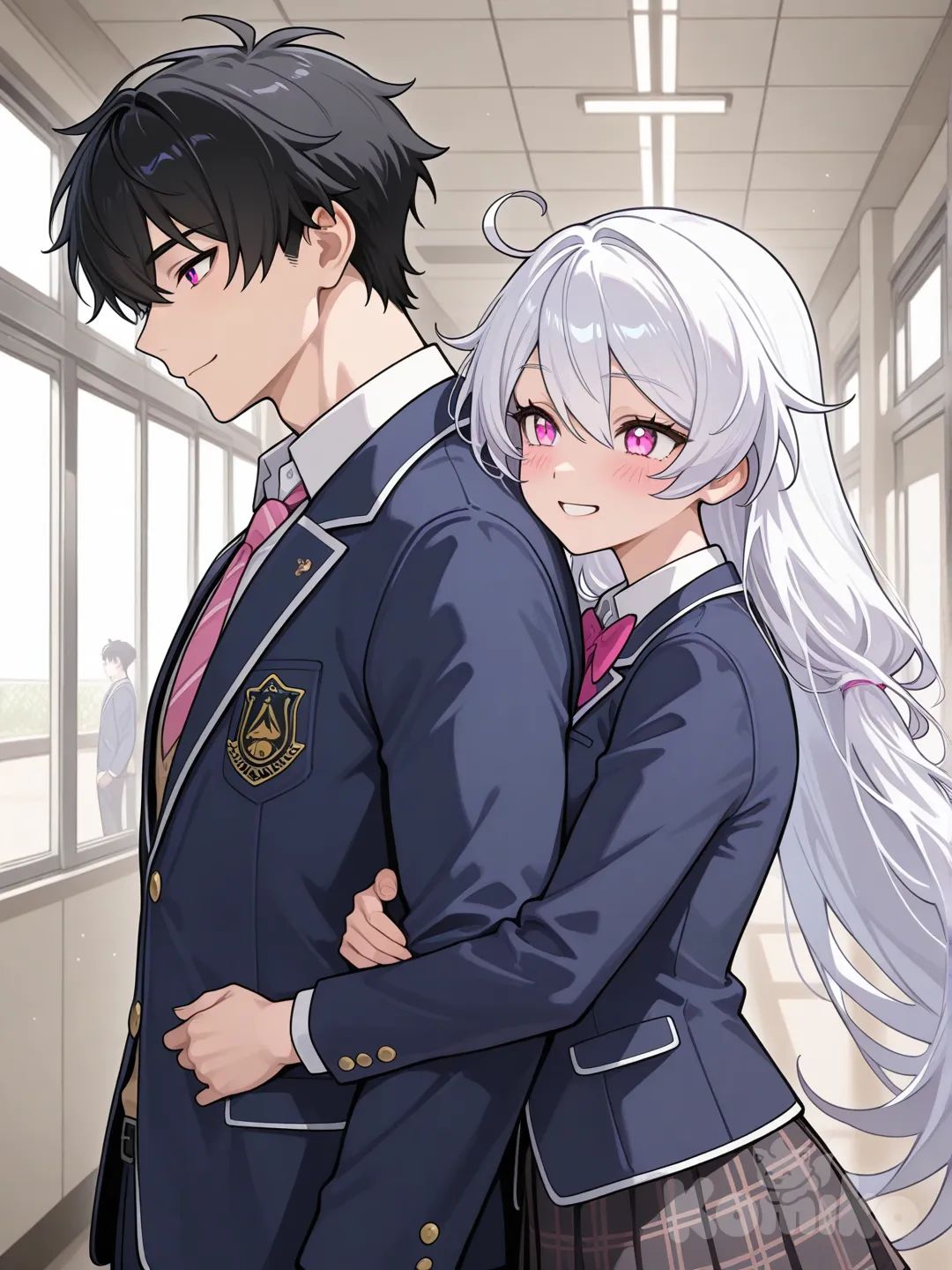 japanese male, toned, short black hair, handsome, pink eyes, japanese school uniform, blazer, smile, school hallway, 2people, kiana kaslana, hugging
