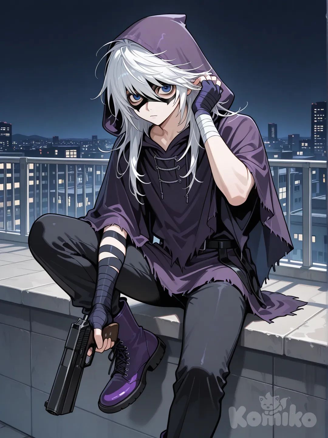young japanese male, near (death note), blue eyes, expressionless, white hair, long dark purple poncho with hood, black body armor, black pants, purple boots, black arm bandages, raven domino mask, rooftop, holding pistol, fingerless gloves, hand in own hair